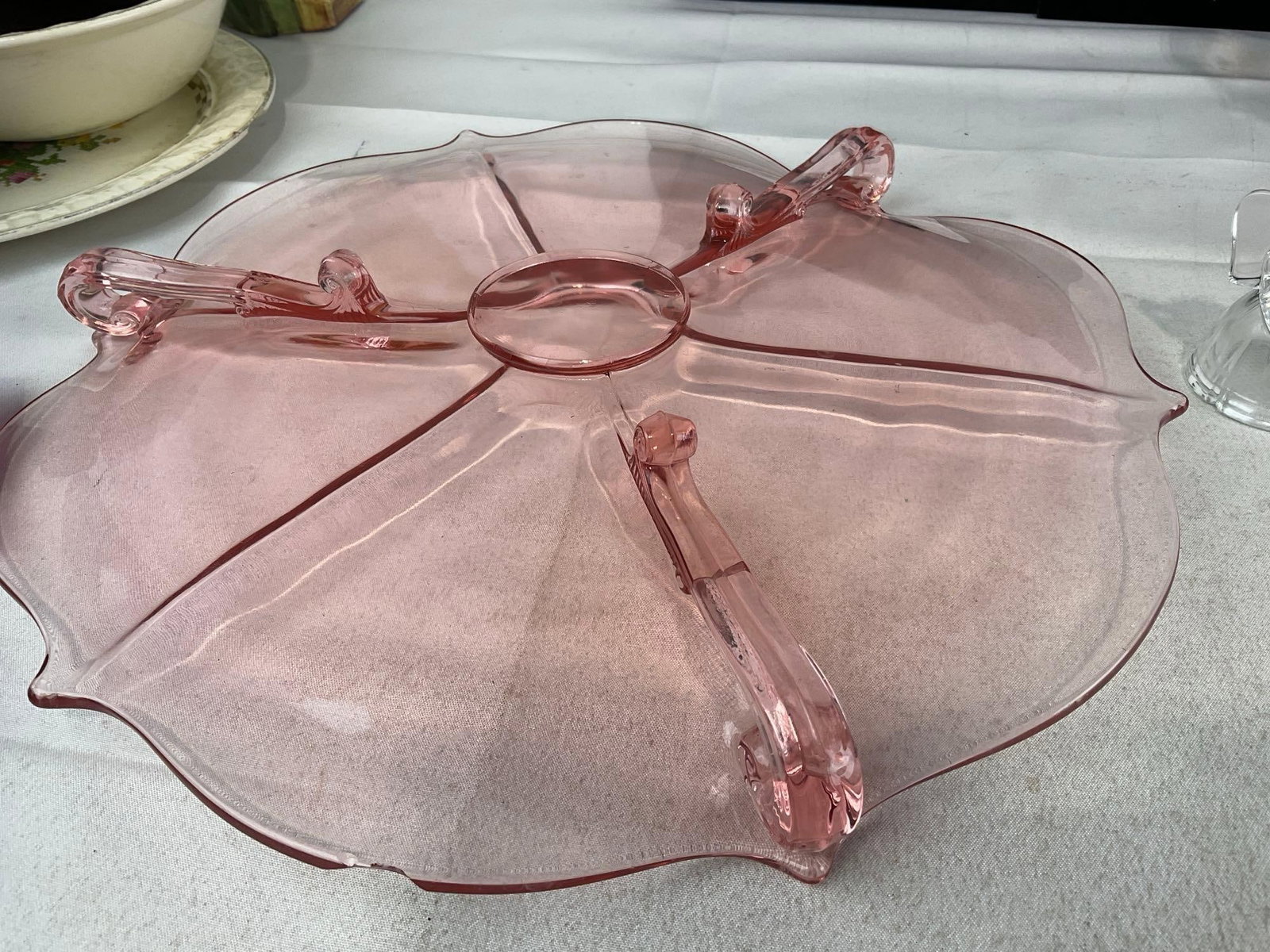 3 Cranberry Depression Glass pcs, 3 Crystal Bells, 2 Lenox Angel pcs, Handpainted Ewer - 4