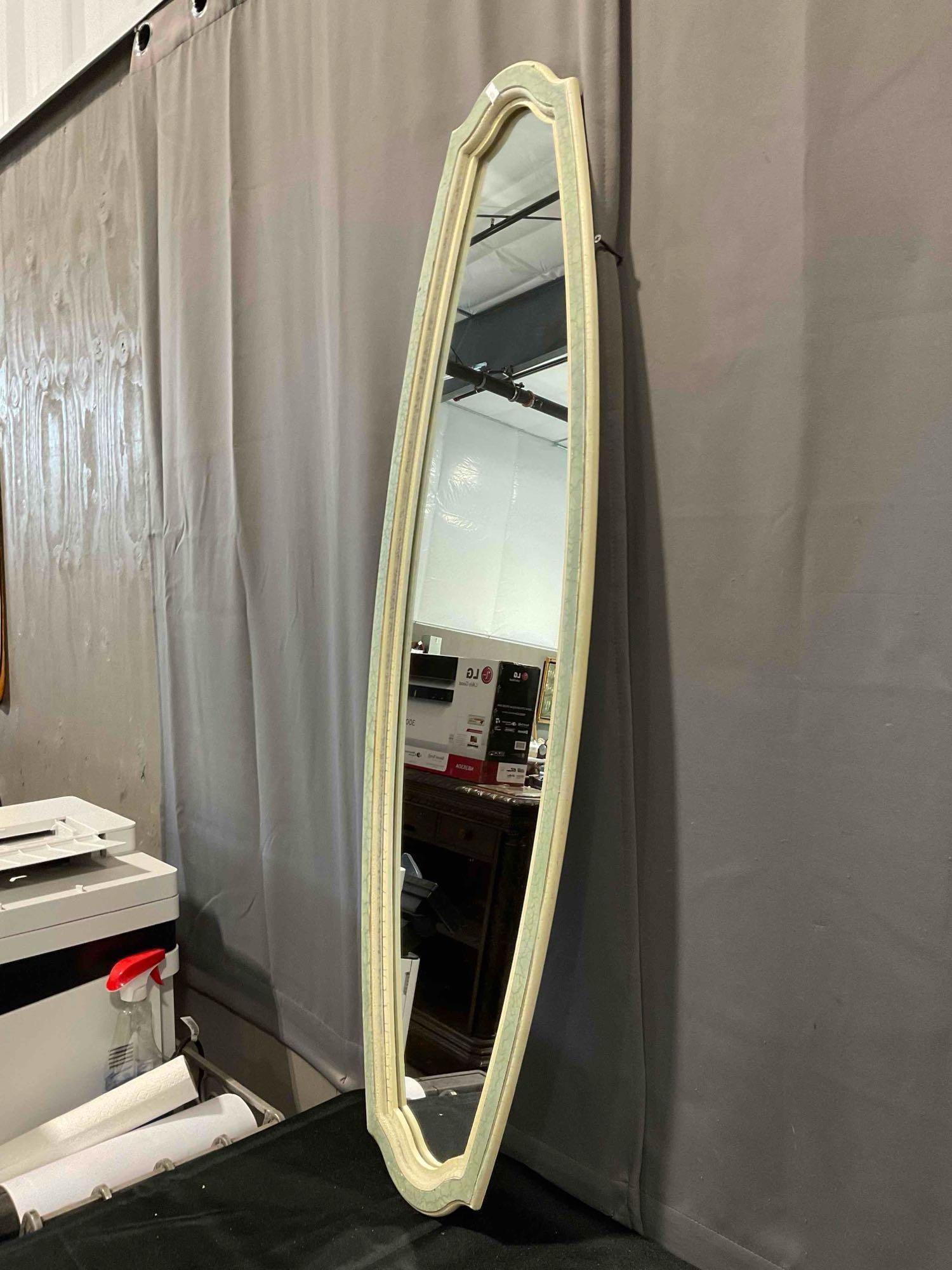 Modern Tall Elongated Oval Wall Mirror in Sage Green Painted Frame w/ Crackle Finish. See pics. - 2