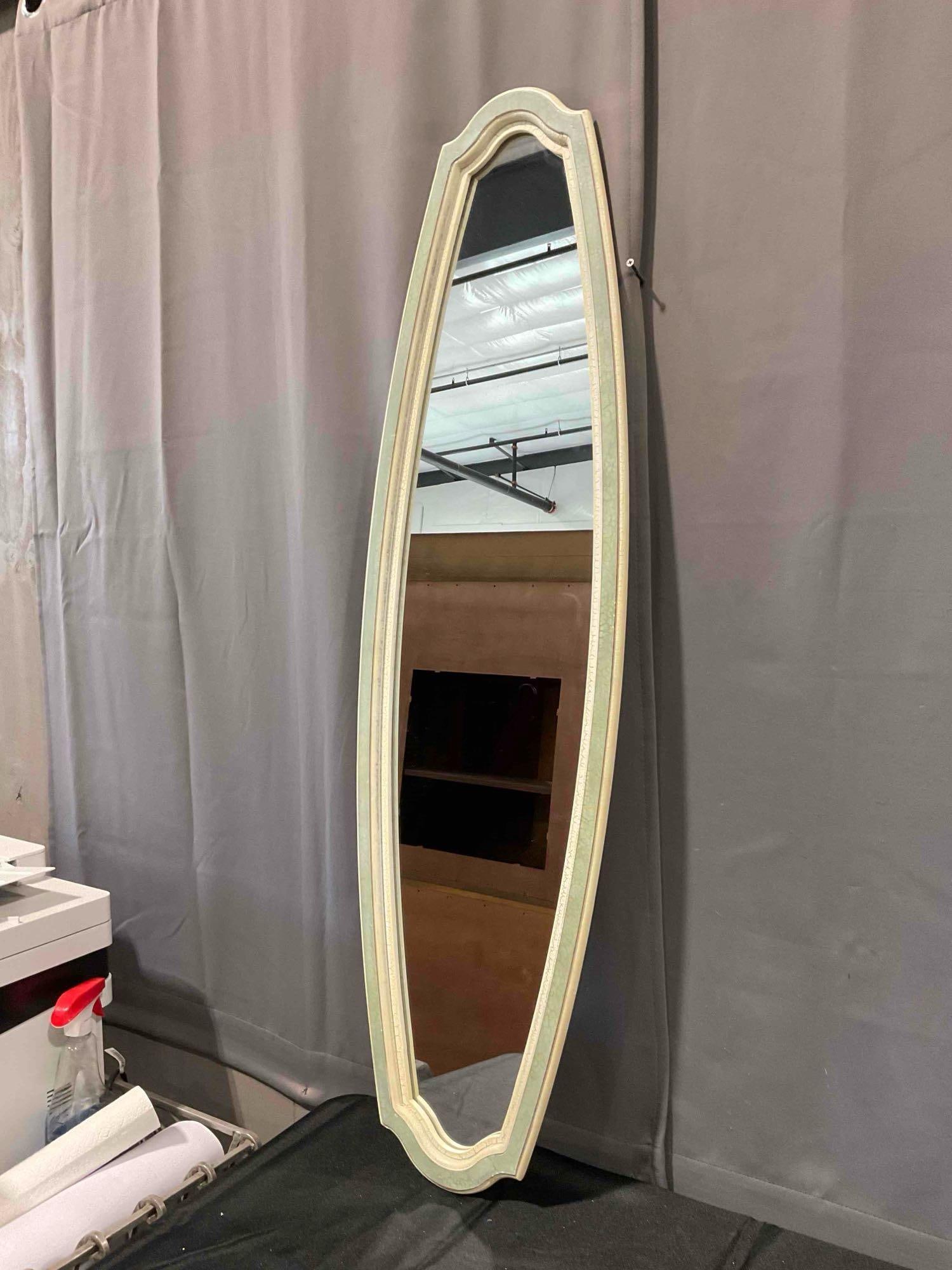 Modern Tall Elongated Oval Wall Mirror in Sage Green Painted Frame w/ Crackle Finish. See pics. - 2