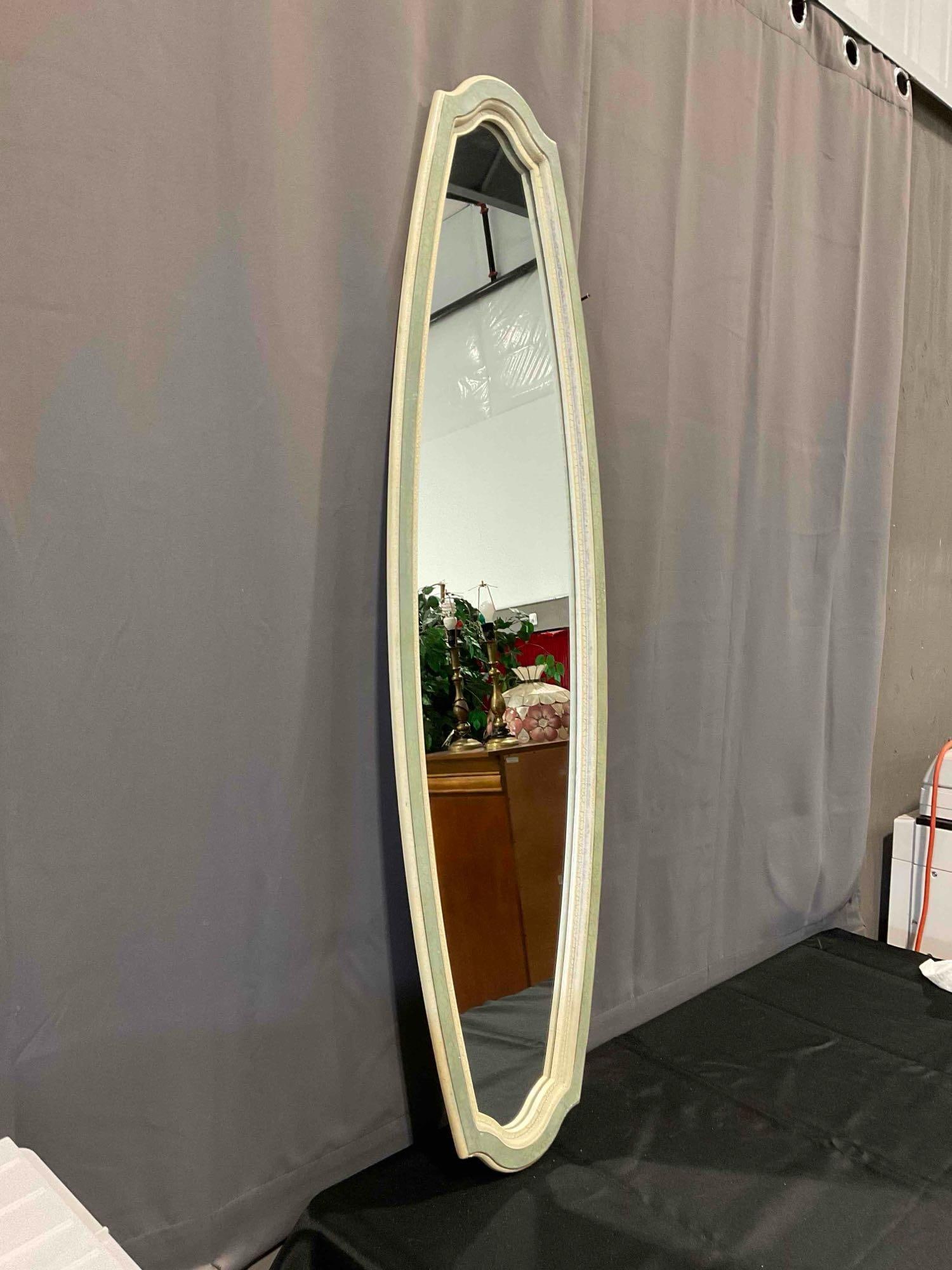 Modern Tall Elongated Oval Wall Mirror in Sage Green Painted Frame w/ Crackle Finish. See pics. - 4