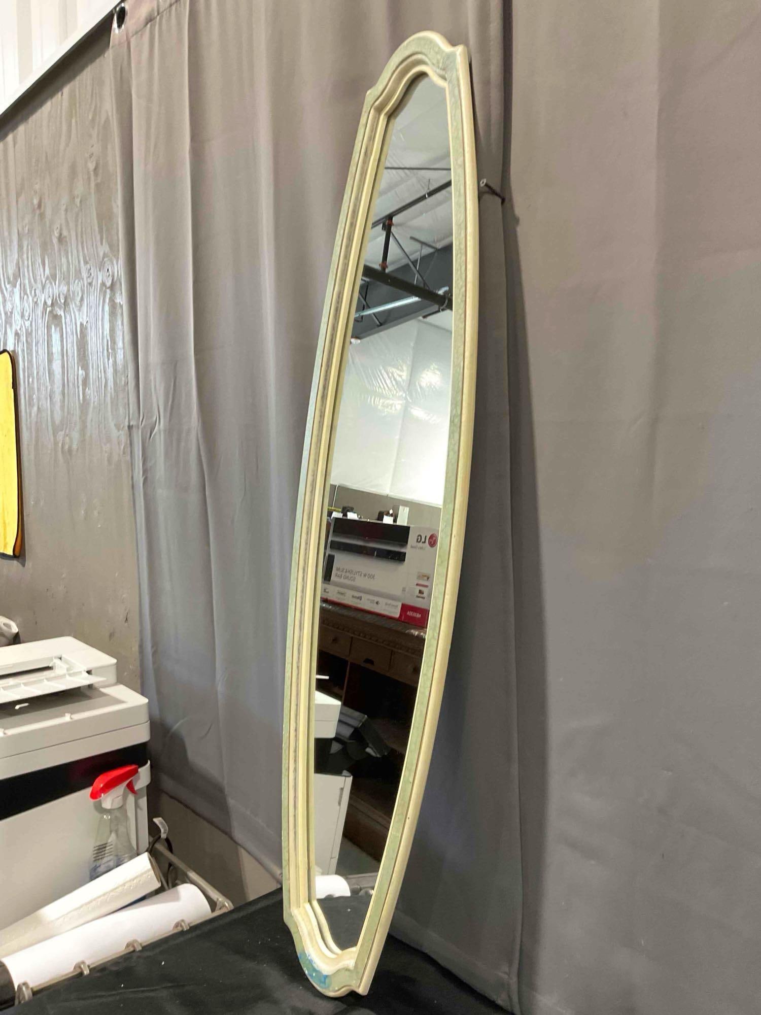 Modern Tall Elongated Oval Wall Mirror in Sage Green Painted Frame w/ Crackle Finish. See pics. - 2