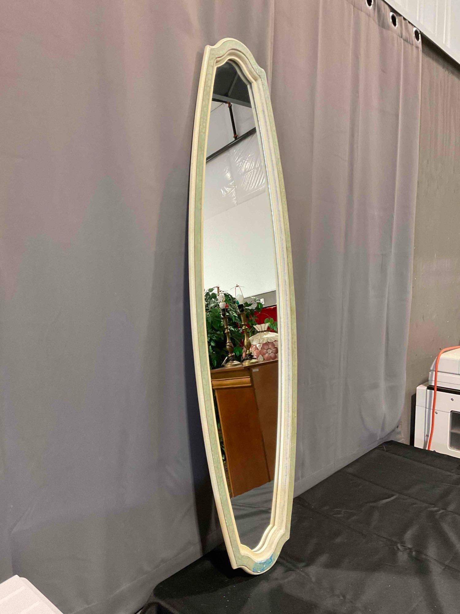 Modern Tall Elongated Oval Wall Mirror in Sage Green Painted Frame w/ Crackle Finish. See pics. - 3