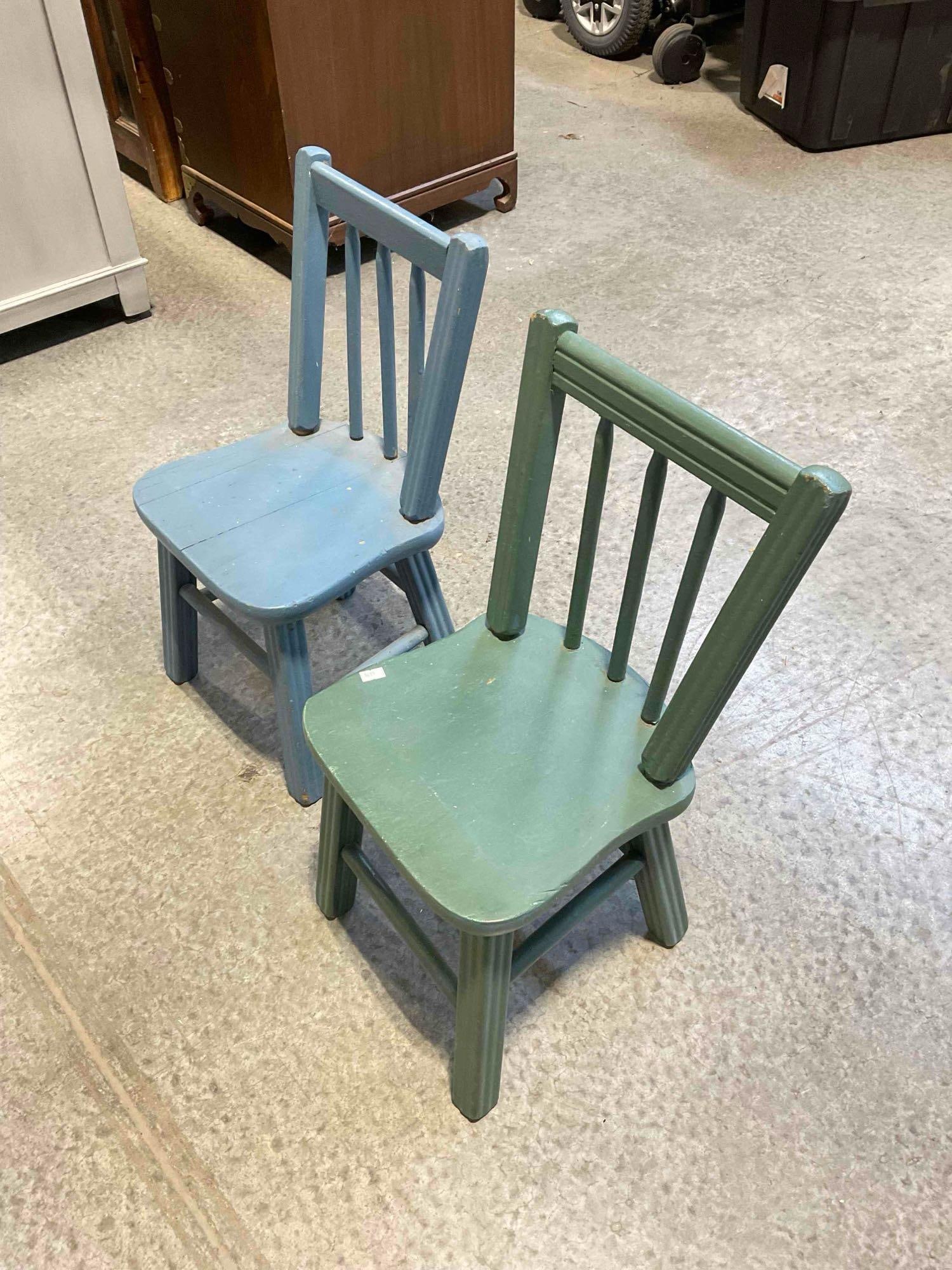 2 pcs Vintage Painted Blue & Green Wooden Children's Doll Chairs. Good Condition. See pics. - 2