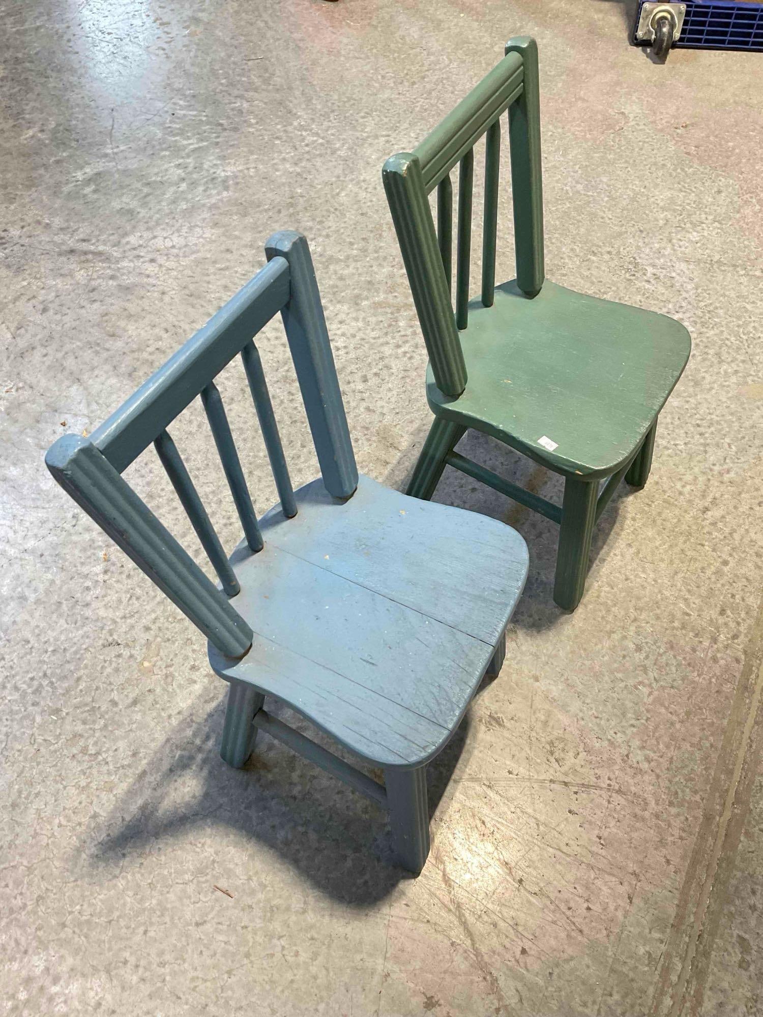 2 pcs Vintage Painted Blue & Green Wooden Children's Doll Chairs. Good Condition. See pics. - 3