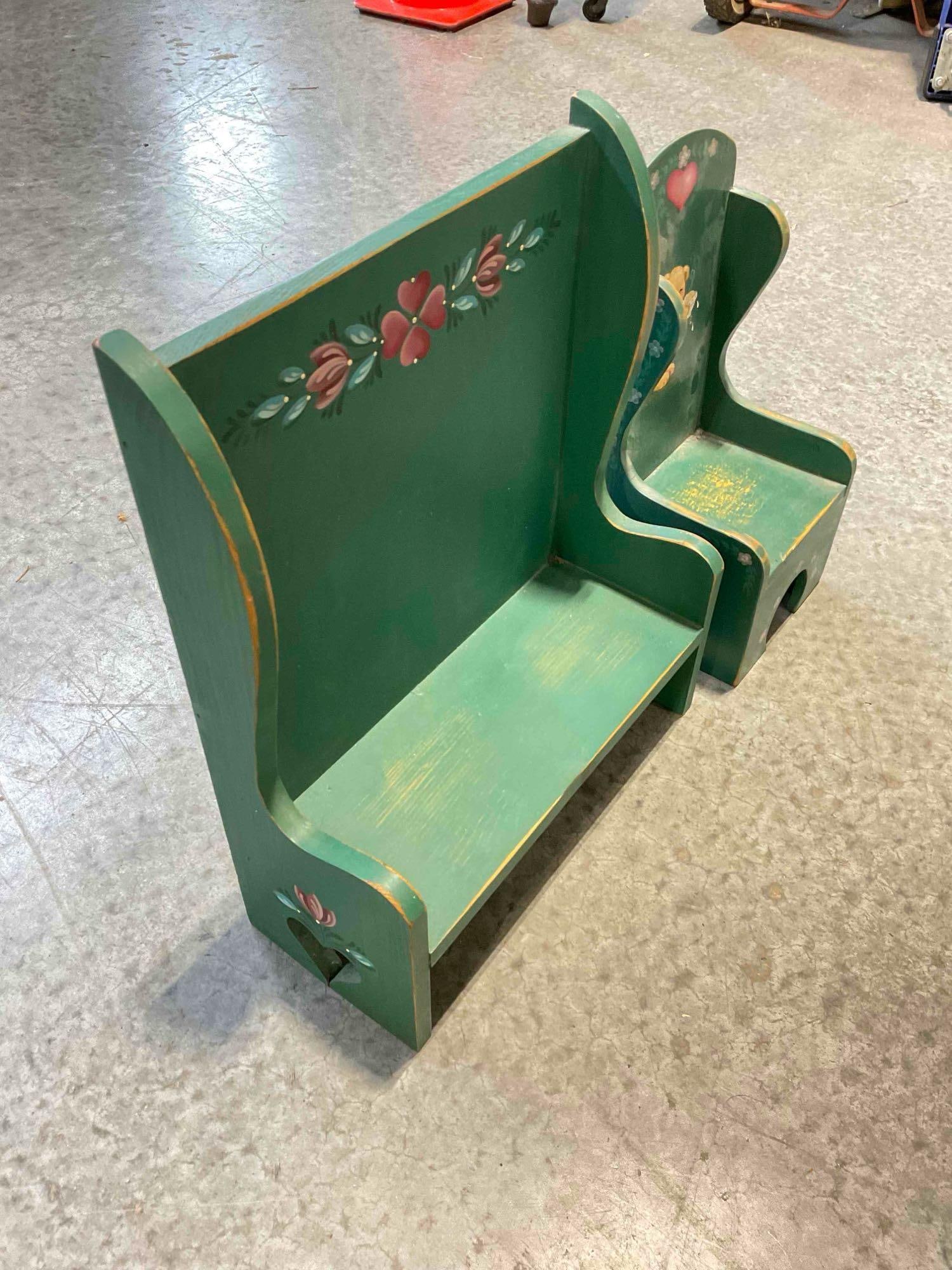 2 pcs Vintage Child's Doll Wooden Chair & Bench, Painted Green w/ Bear Design. See pics. - 2