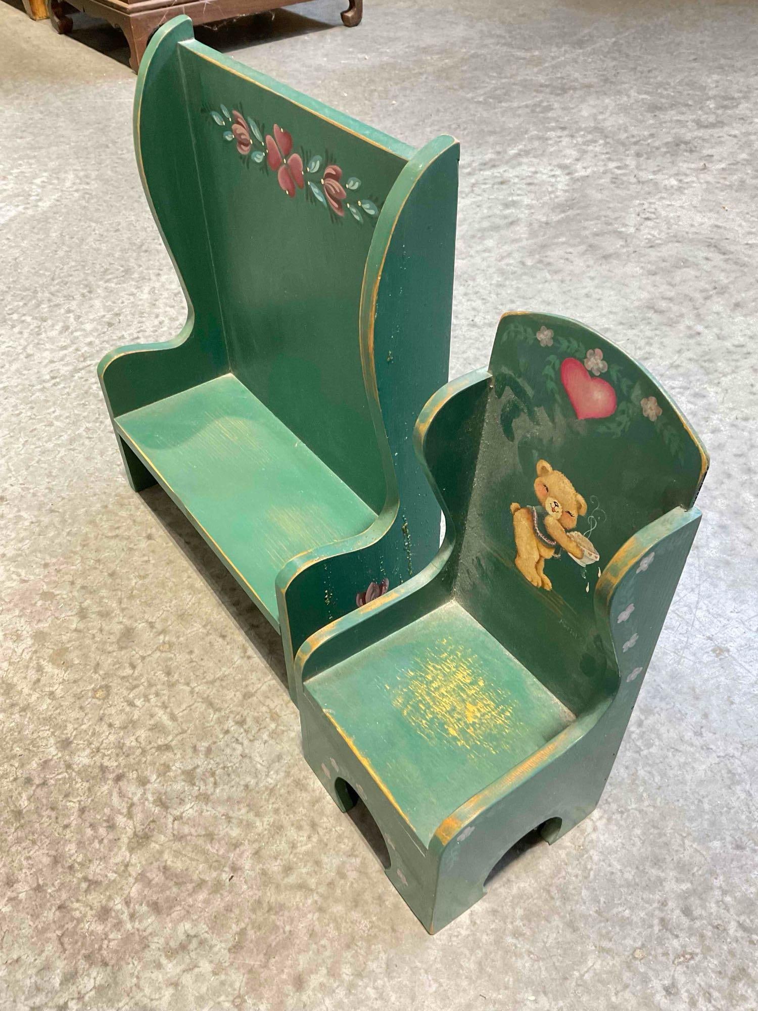 2 pcs Vintage Child's Doll Wooden Chair & Bench, Painted Green w/ Bear Design. See pics. - 3