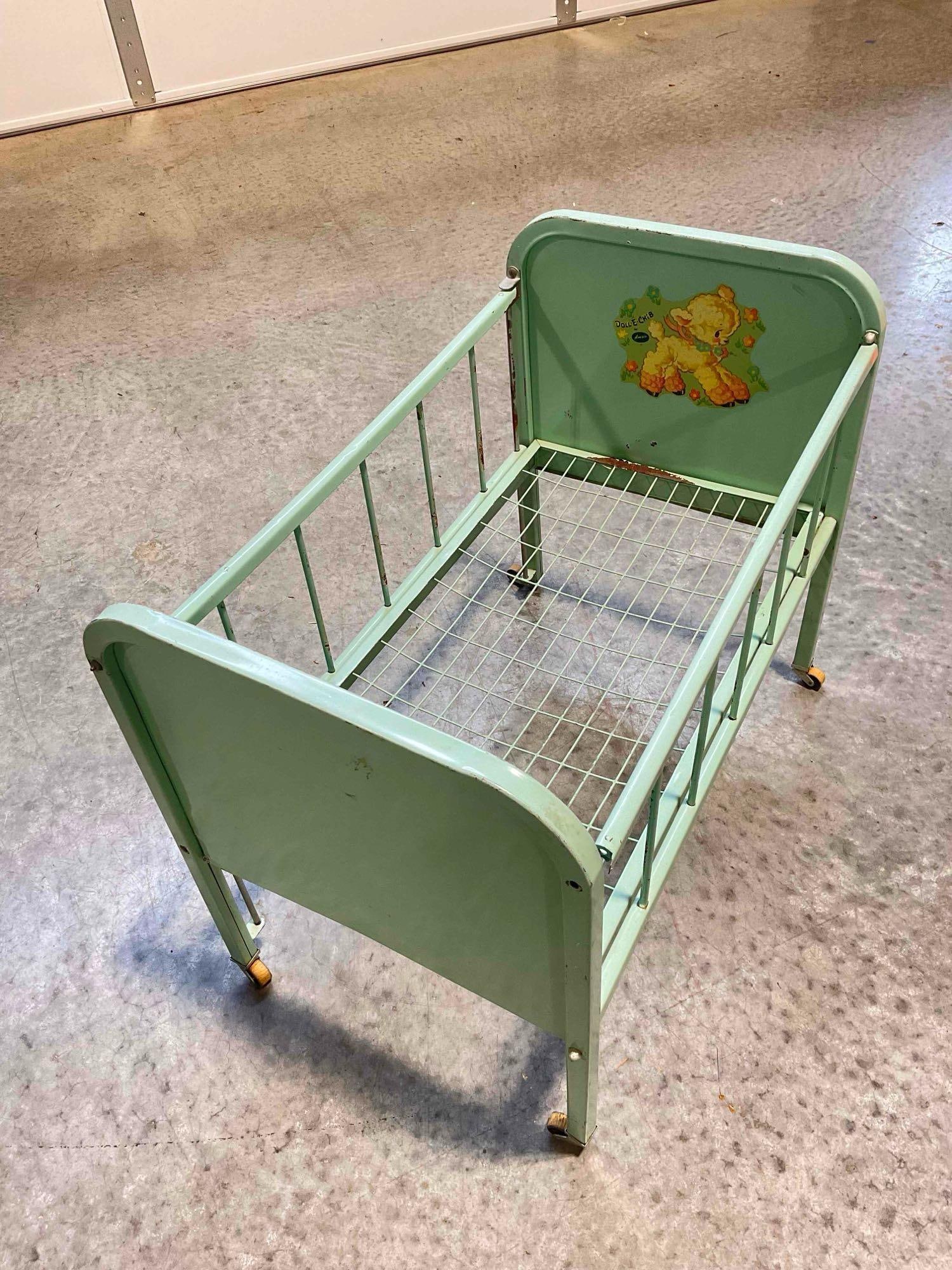 Vintage Amasco Doll-E-Crib Metal Child's Doll Crib, Painted Robin's Egg Blue. Fair Condition.: Vintage Amasco Doll-E-Crib Metal Child's Doll Crib, Painted Robin's Egg Blue. Fair Condition. Missing a nut and has minor rusting, otherwise looks to be in fair condition. Measures 26" x 15" x 20"