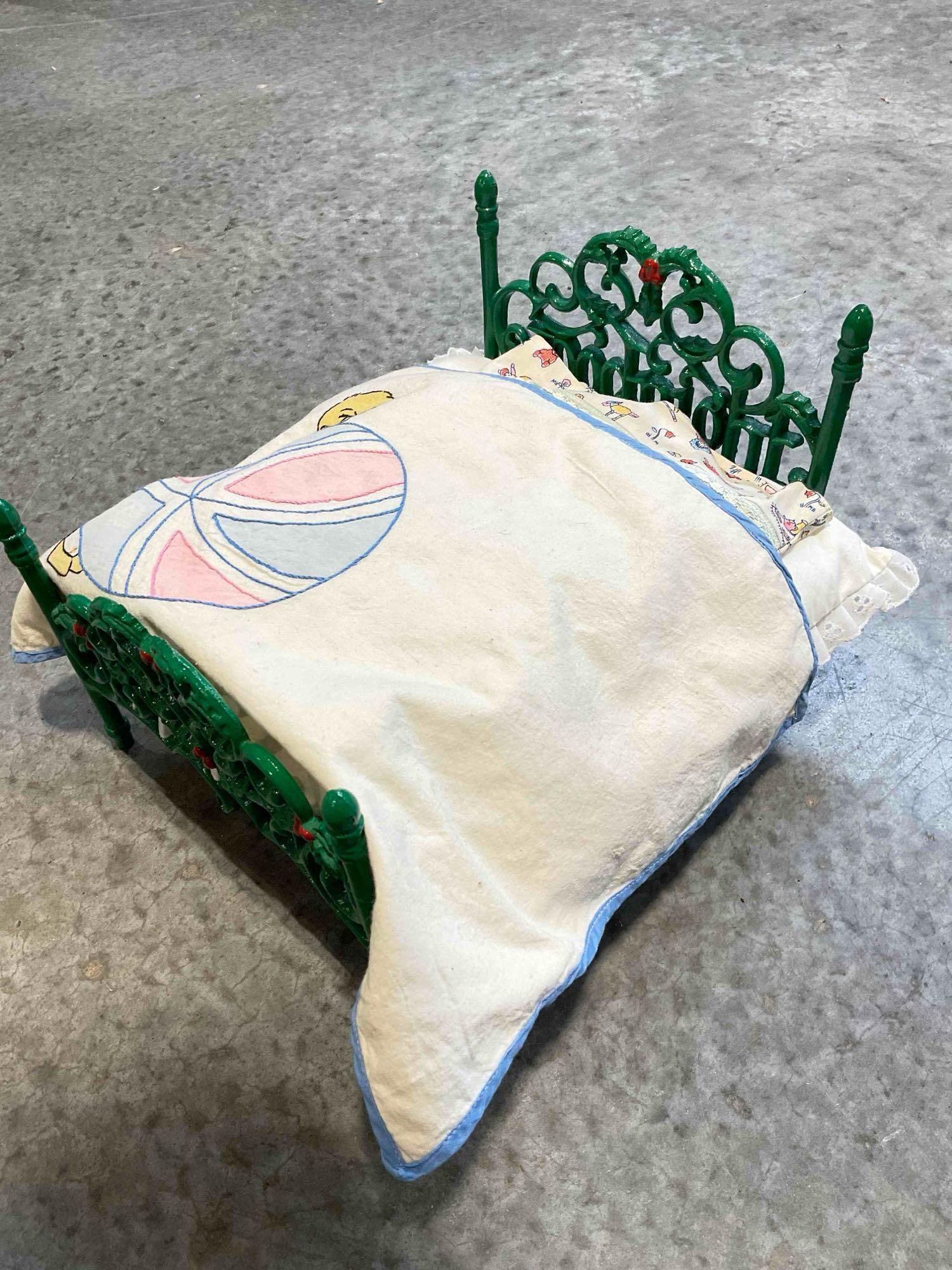 Vintage Tiny Green Painted Cast Iron Child's Doll Bed w/ Sweet Linens. Good Condition. See pics. - 2