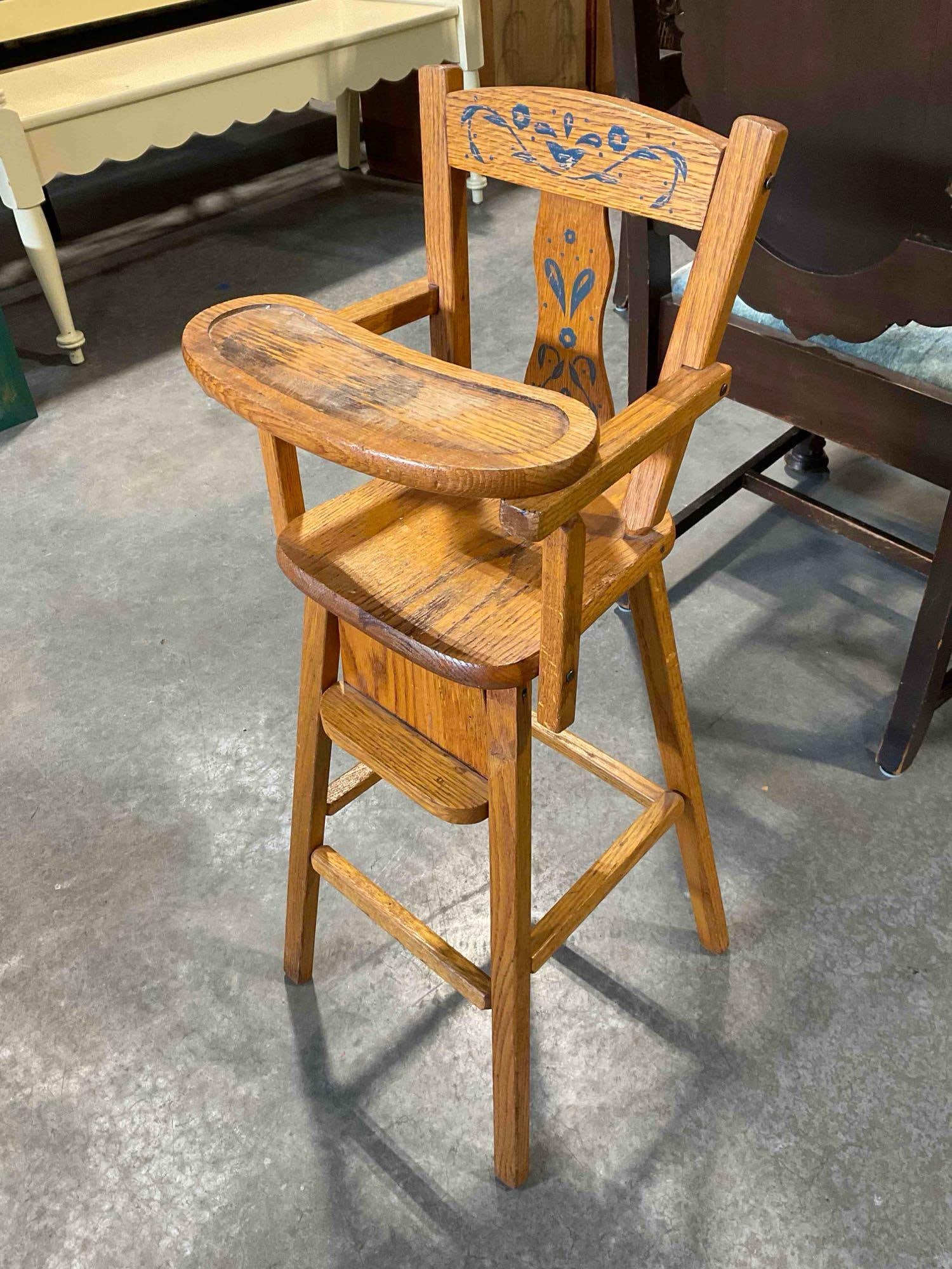 Vintage Cass Toys Oak Wood Child's Toy Doll High Chair w/ Blue Painted Details. Fair Condition. - 2