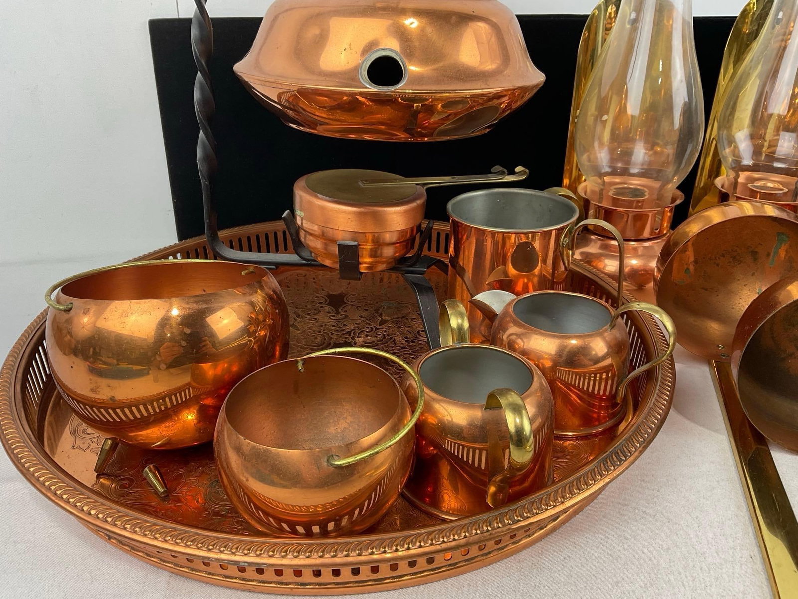 Copper Craft Tea Service Set, Tray, sugar & cream, 2 sm pots, 2 Candle Holders, 2 Ladles, chocolate - 2
