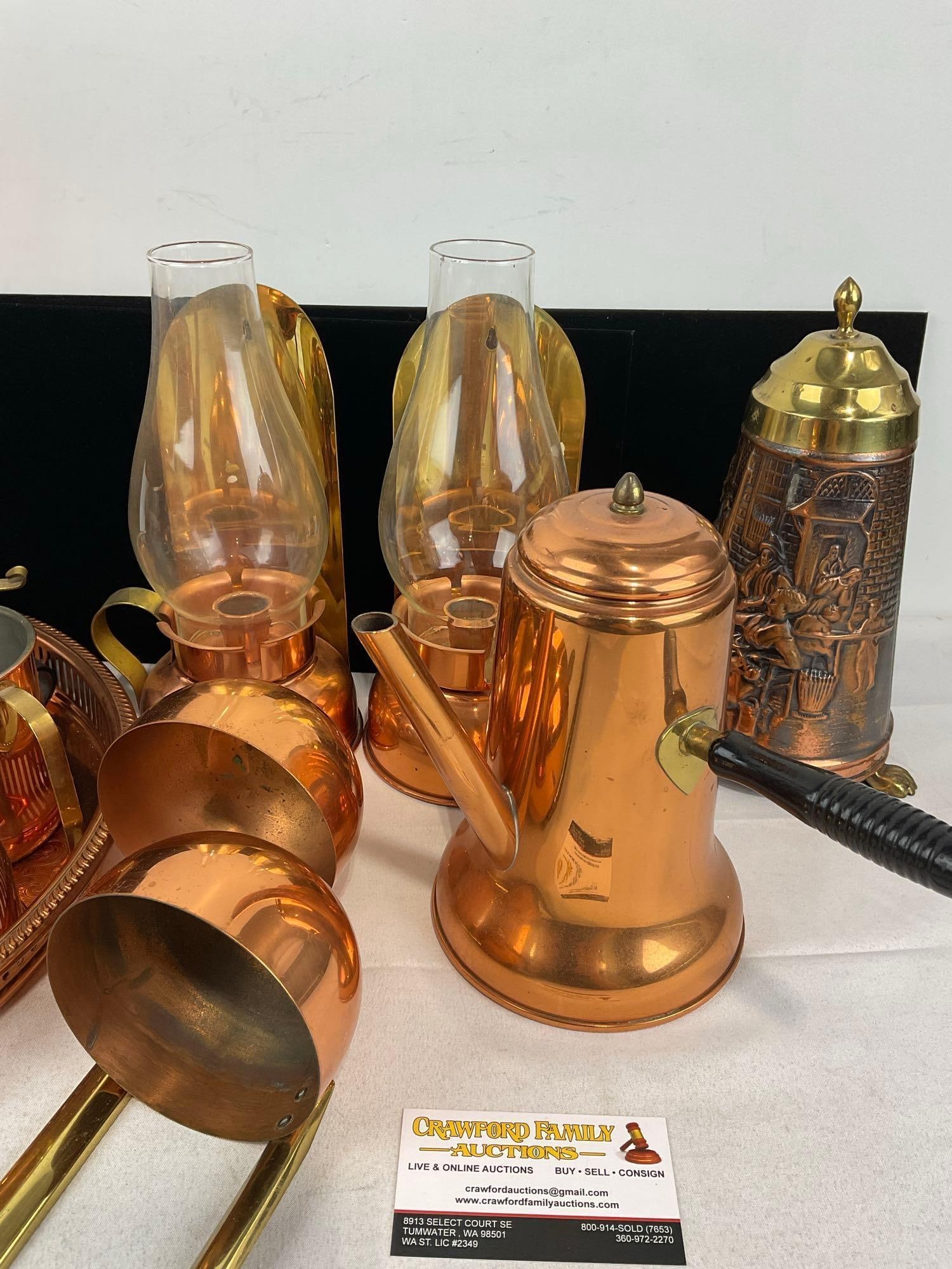 Copper Craft Tea Service Set, Tray, sugar & cream, 2 sm pots, 2 Candle Holders, 2 Ladles, chocolate - 3