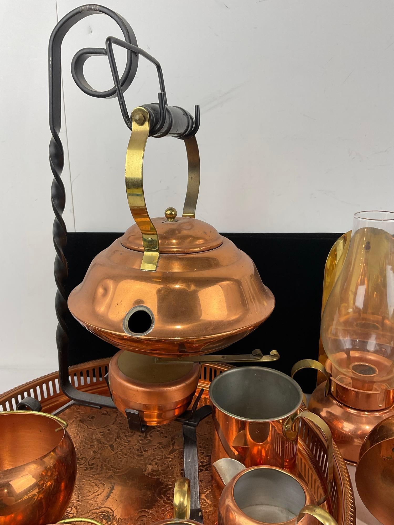 Copper Craft Tea Service Set, Tray, sugar & cream, 2 sm pots, 2 Candle Holders, 2 Ladles, chocolate - 4