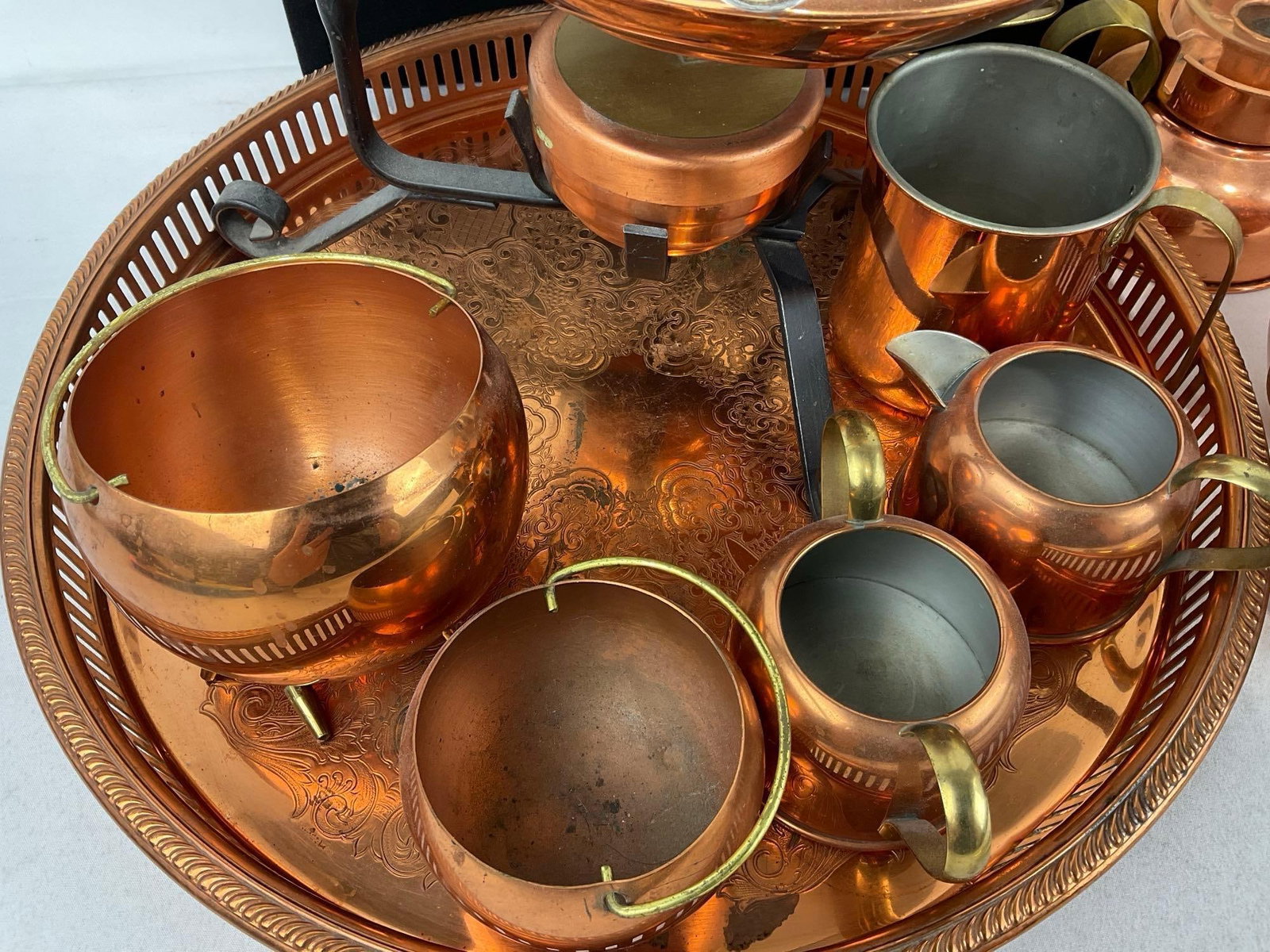 Copper Craft Tea Service Set, Tray, sugar & cream, 2 sm pots, 2 Candle Holders, 2 Ladles, chocolate - 5