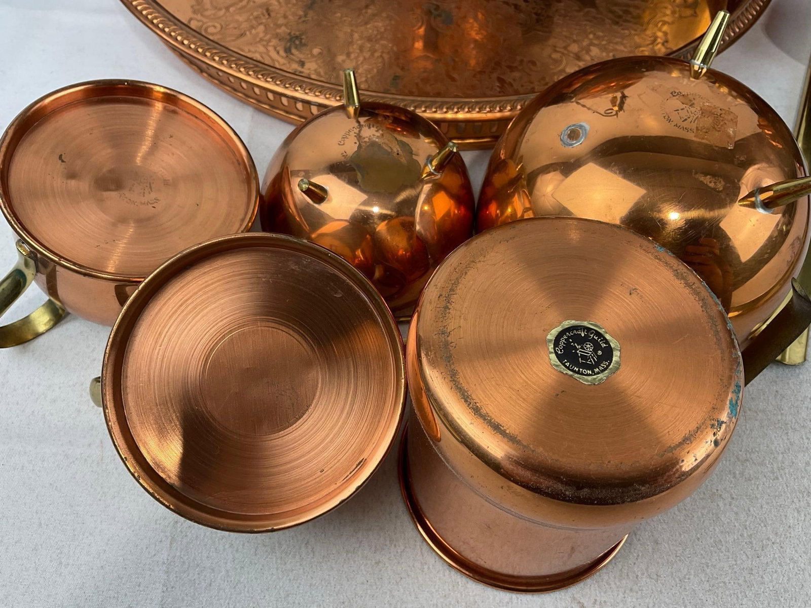 Copper Craft Tea Service Set, Tray, sugar & cream, 2 sm pots, 2 Candle Holders, 2 Ladles, chocolate - 6