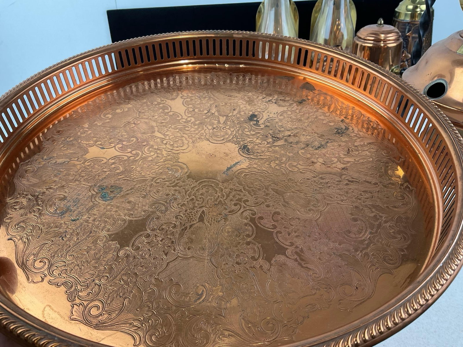 Copper Craft Tea Service Set, Tray, sugar & cream, 2 sm pots, 2 Candle Holders, 2 Ladles, chocolate - 9