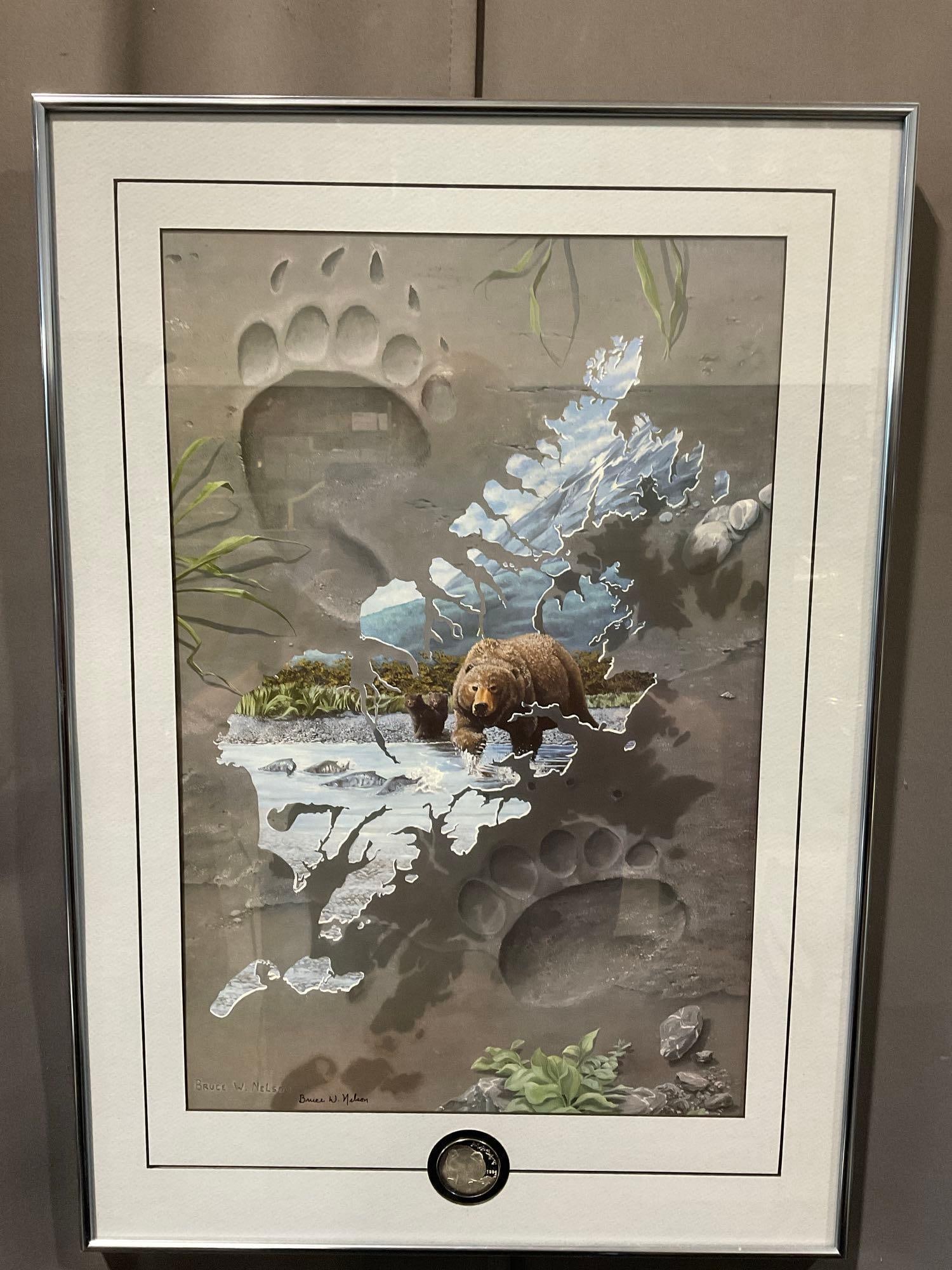 Framed Signed Lithograph by Bruce W. Nelson, w/Alaskan Bear 1994 1 oz .999 Fine Silver Coin: Appears to be in good shape. The coin is a 1994 Official State of Alaska Medallion with design of a brown bear, The piece measures approx 27h x 19w x 3d inches. See pics. E-6070