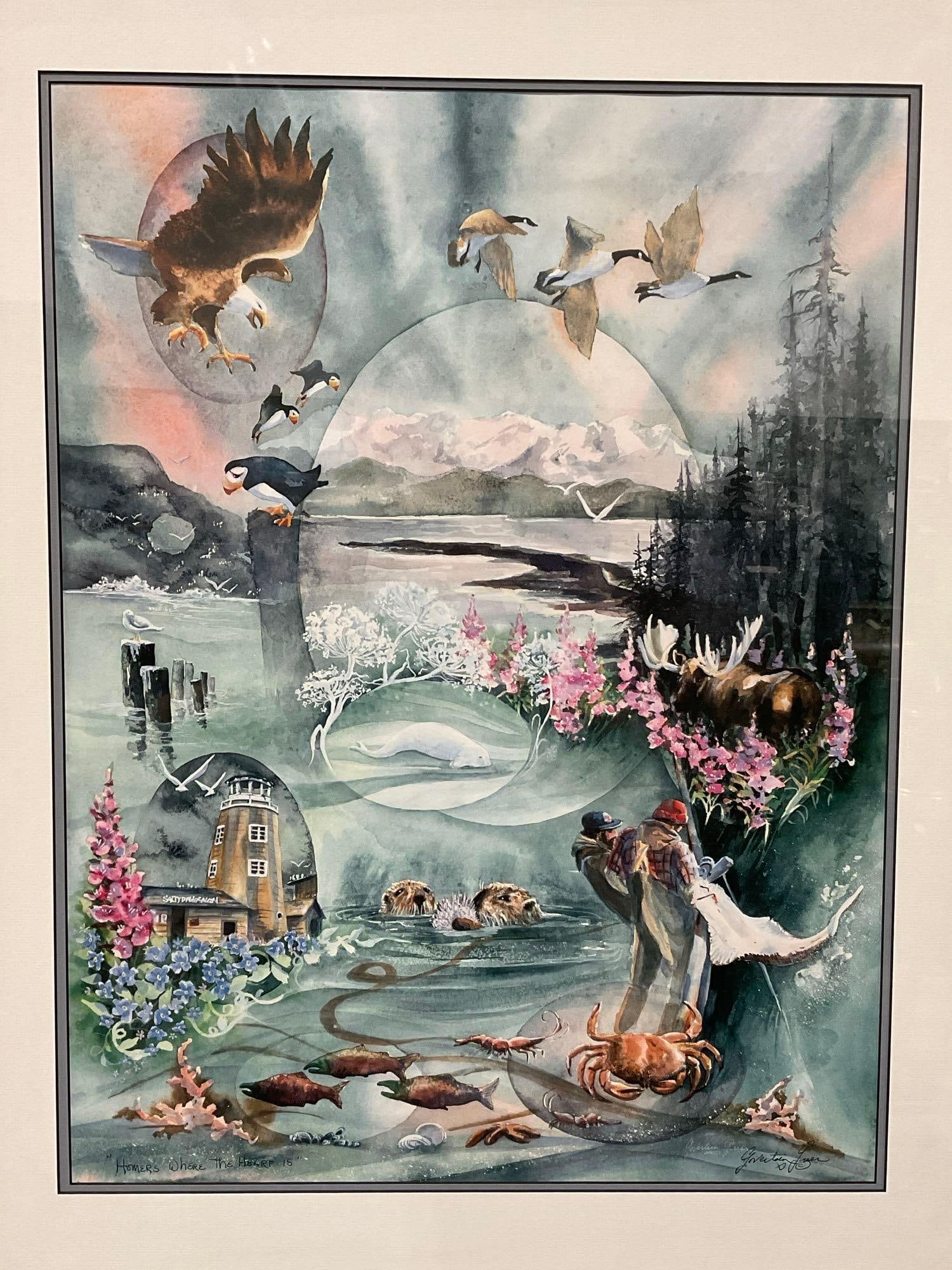 Framed Signed Watercolor , titled Homers Where The Heart Is, signed by artist Govertsen Greer:  Signed by Govertsen Greer . Appears to be in good shape. The piece measures approx 35h x 29w x 3d inches. See pics. E-6070 *Oversized shipping may apply* Cheri Govertsen Greer is