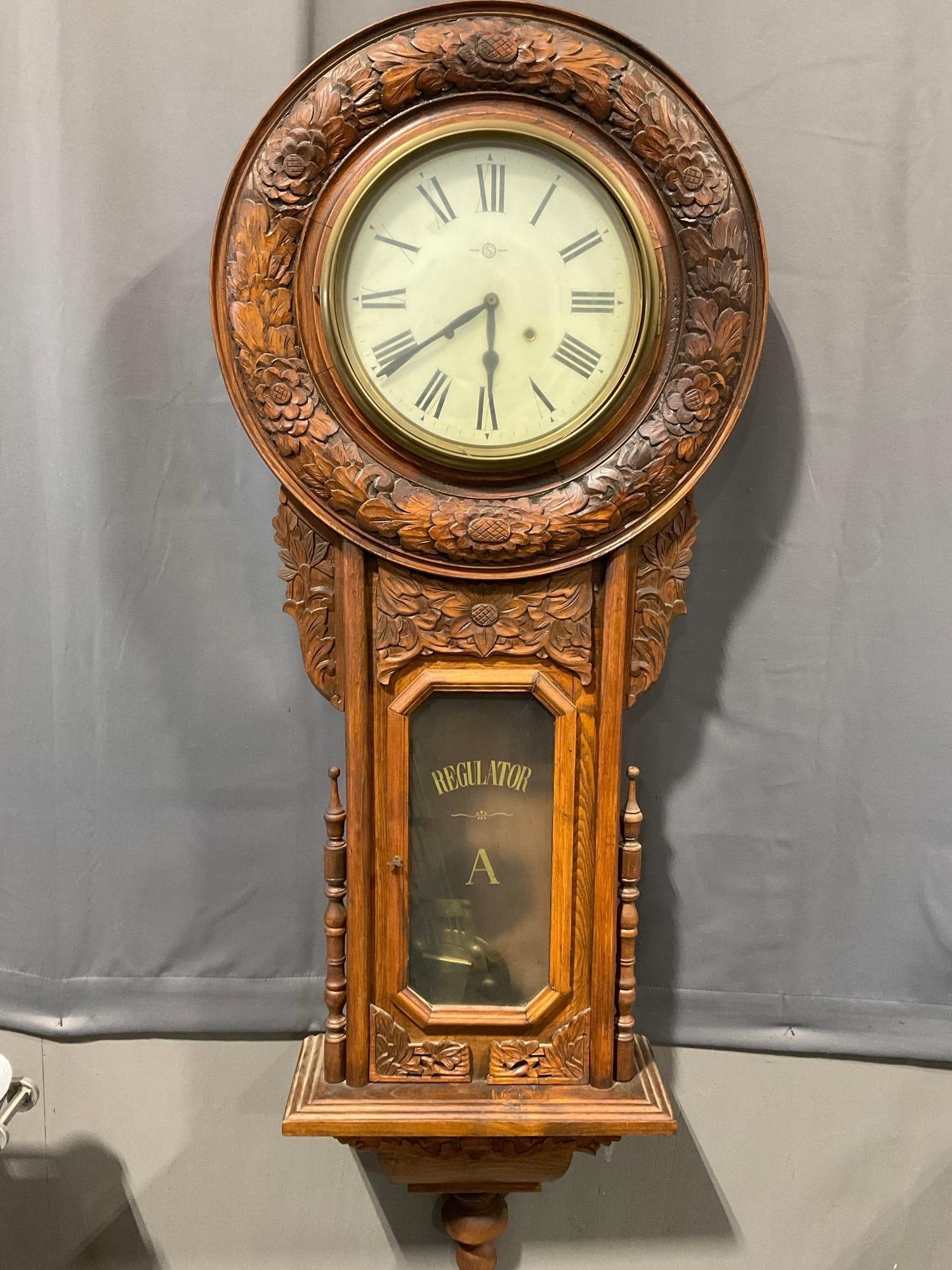 Rare Antique Regulator Clock, Seikosha Clock Company, Ornately floral carved details, Time Strike (1 of 10)