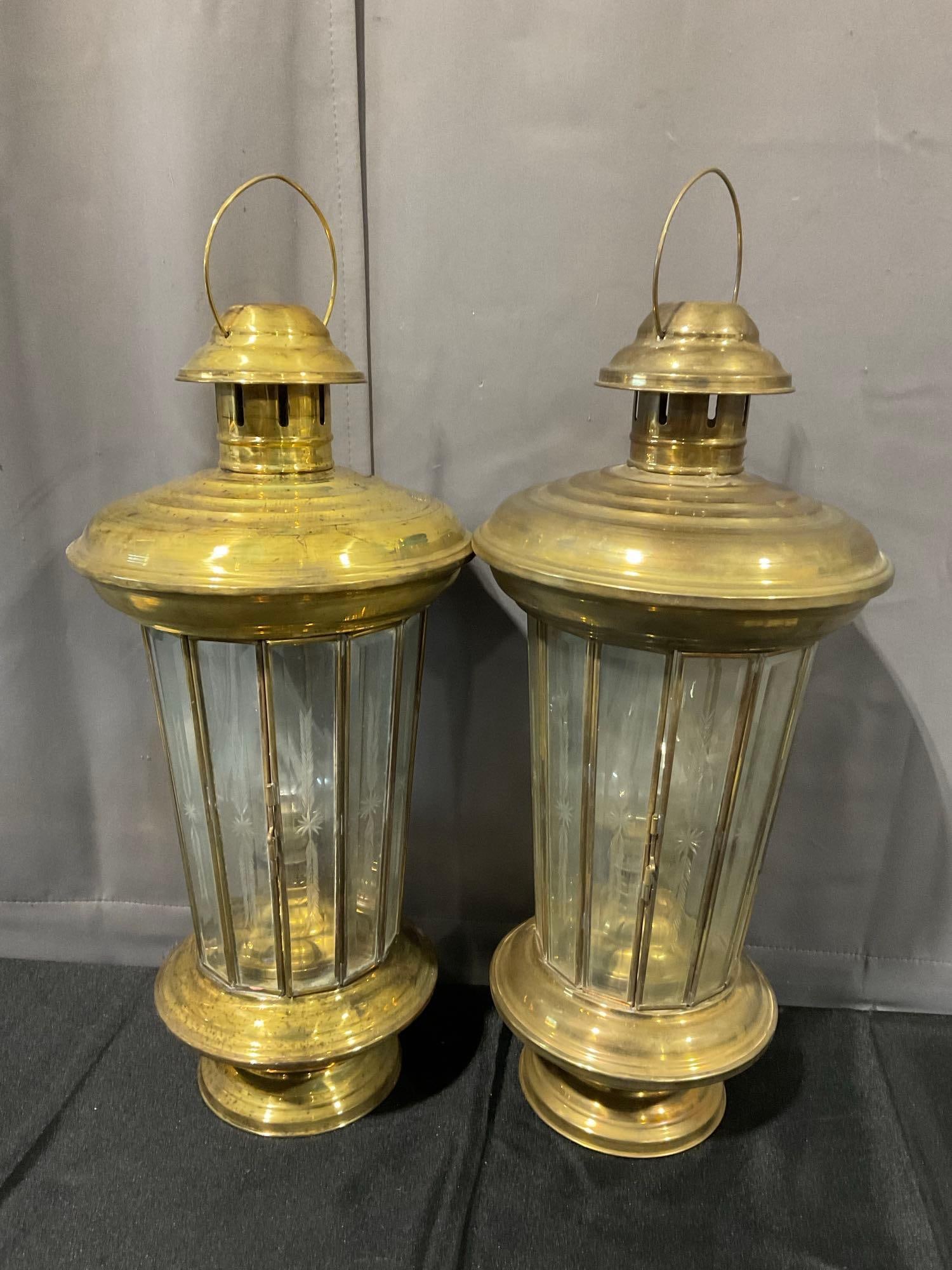 Pair of Brass & Glass Lanterns, Oil hurricane style burners inside (1 of 5)