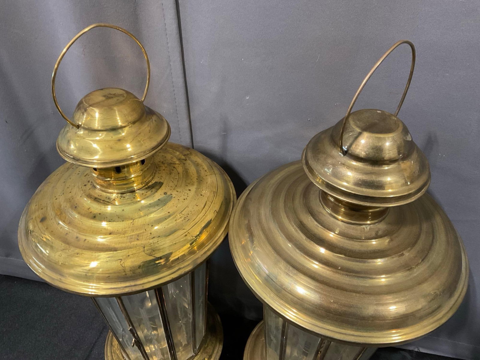 Pair of Brass & Glass Lanterns, Oil hurricane style burners inside - 2