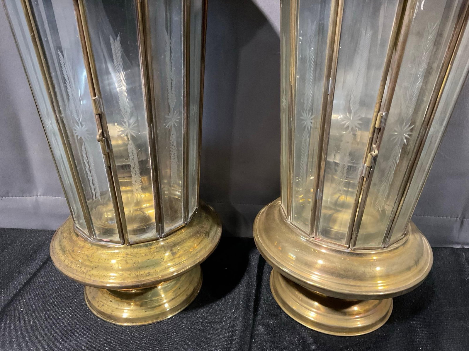Pair of Brass & Glass Lanterns, Oil hurricane style burners inside - 3