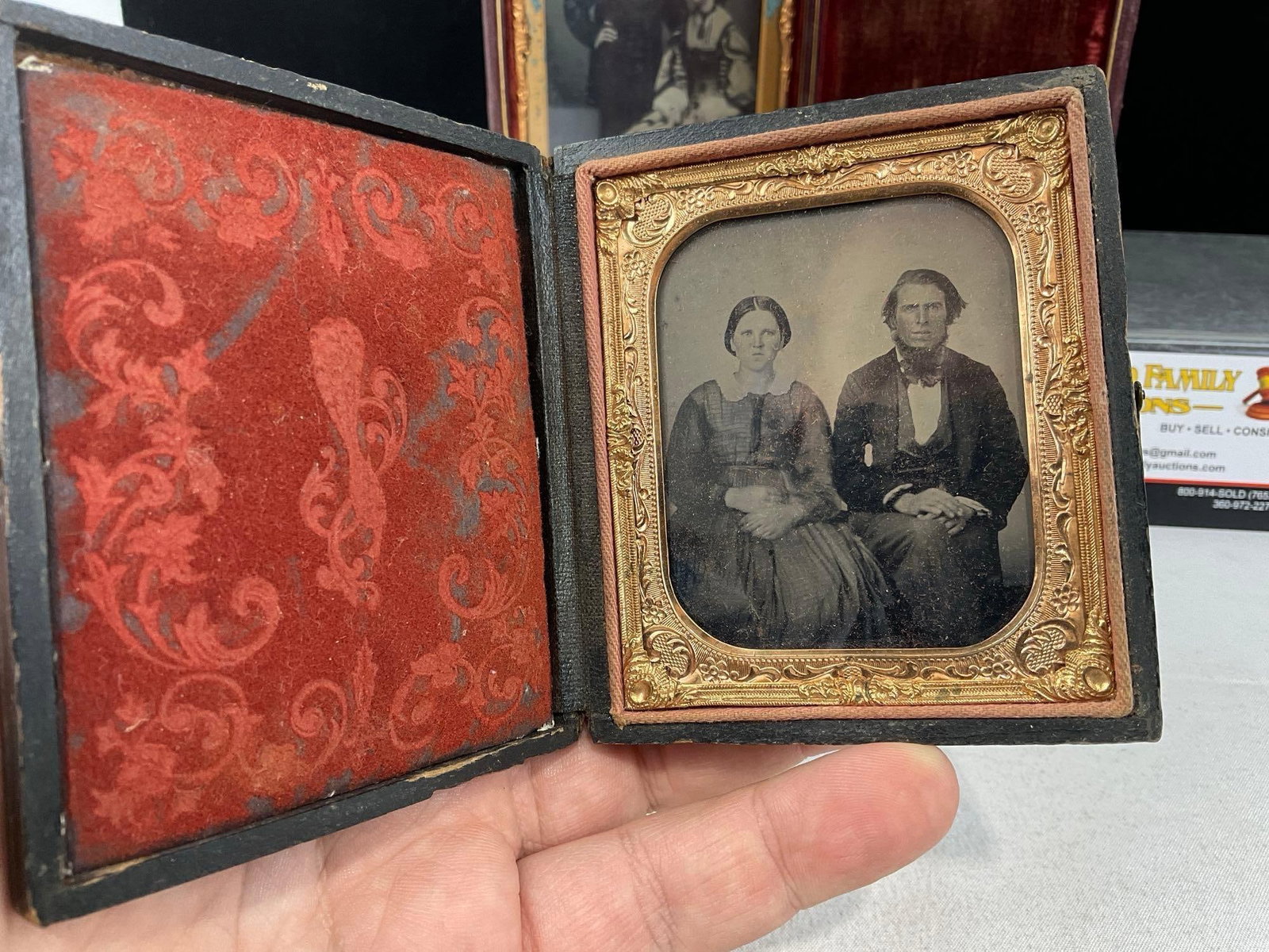 Pair of Antique Mid 19th Century Daguerrotype Pictures, Leather cases w/Velvet lining, 2 Couples - 2