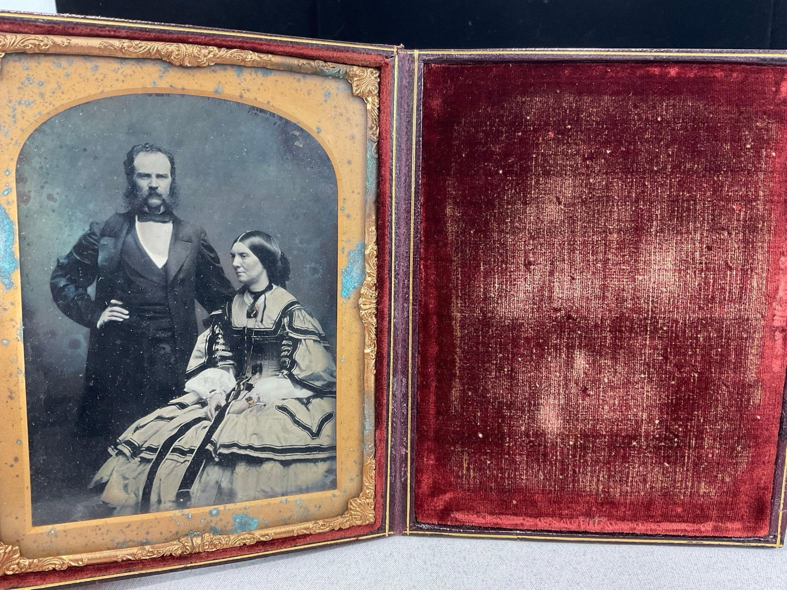 Pair of Antique Mid 19th Century Daguerrotype Pictures, Leather cases w/Velvet lining, 2 Couples - 4