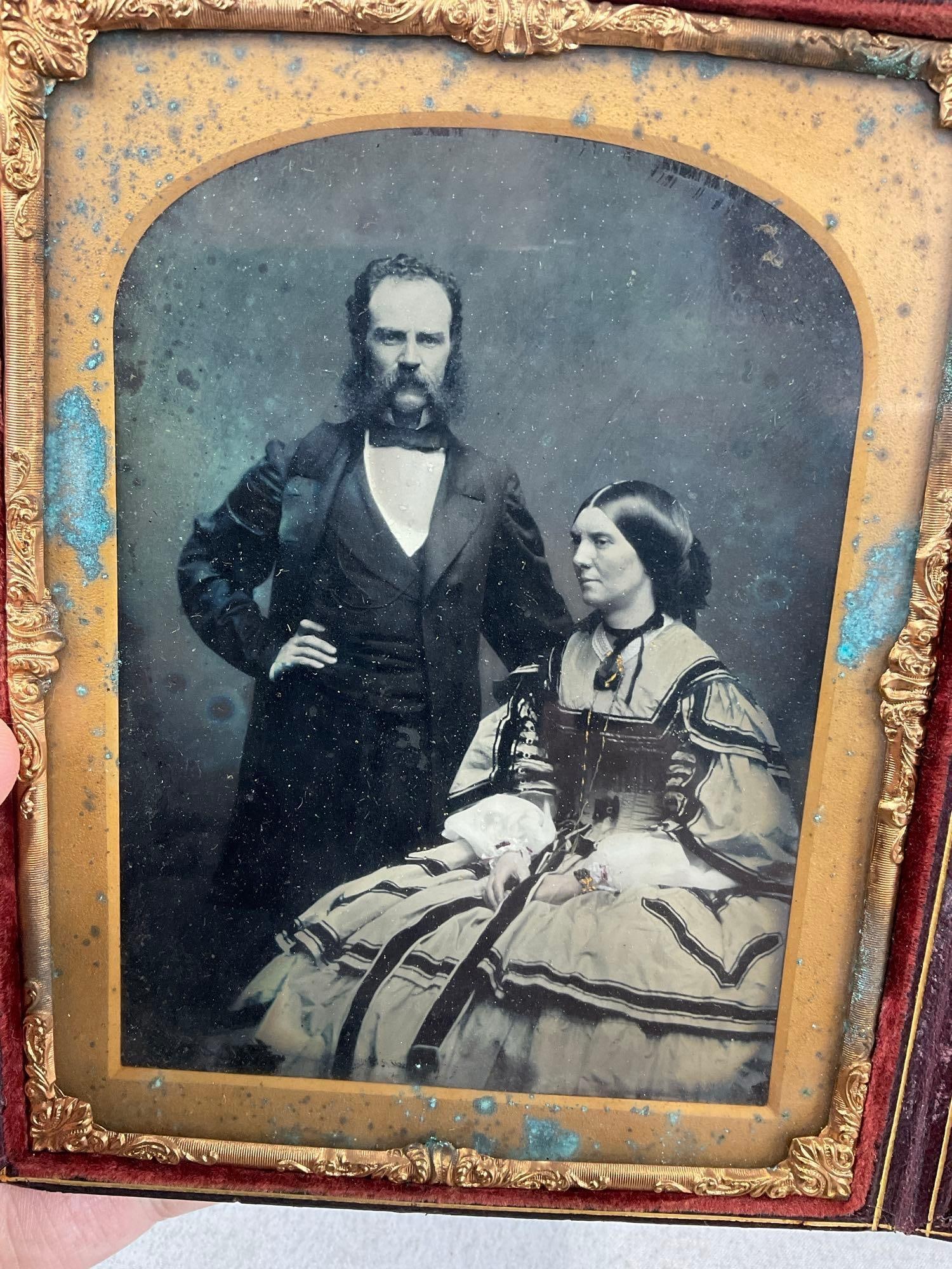 Pair of Antique Mid 19th Century Daguerrotype Pictures, Leather cases w/Velvet lining, 2 Couples - 5