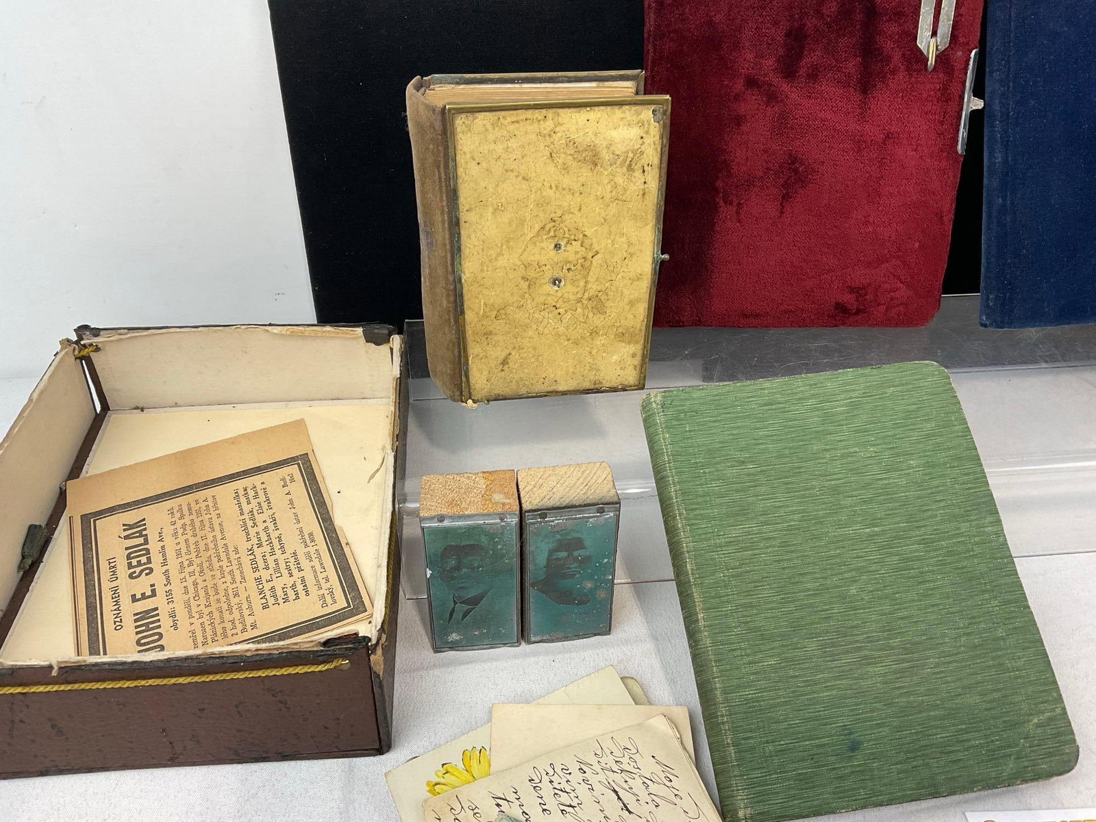 Vintage Marriage Photos, Antique Notebooks, Polish Cookbook, & pair of tin Stamps of a Couple - 2