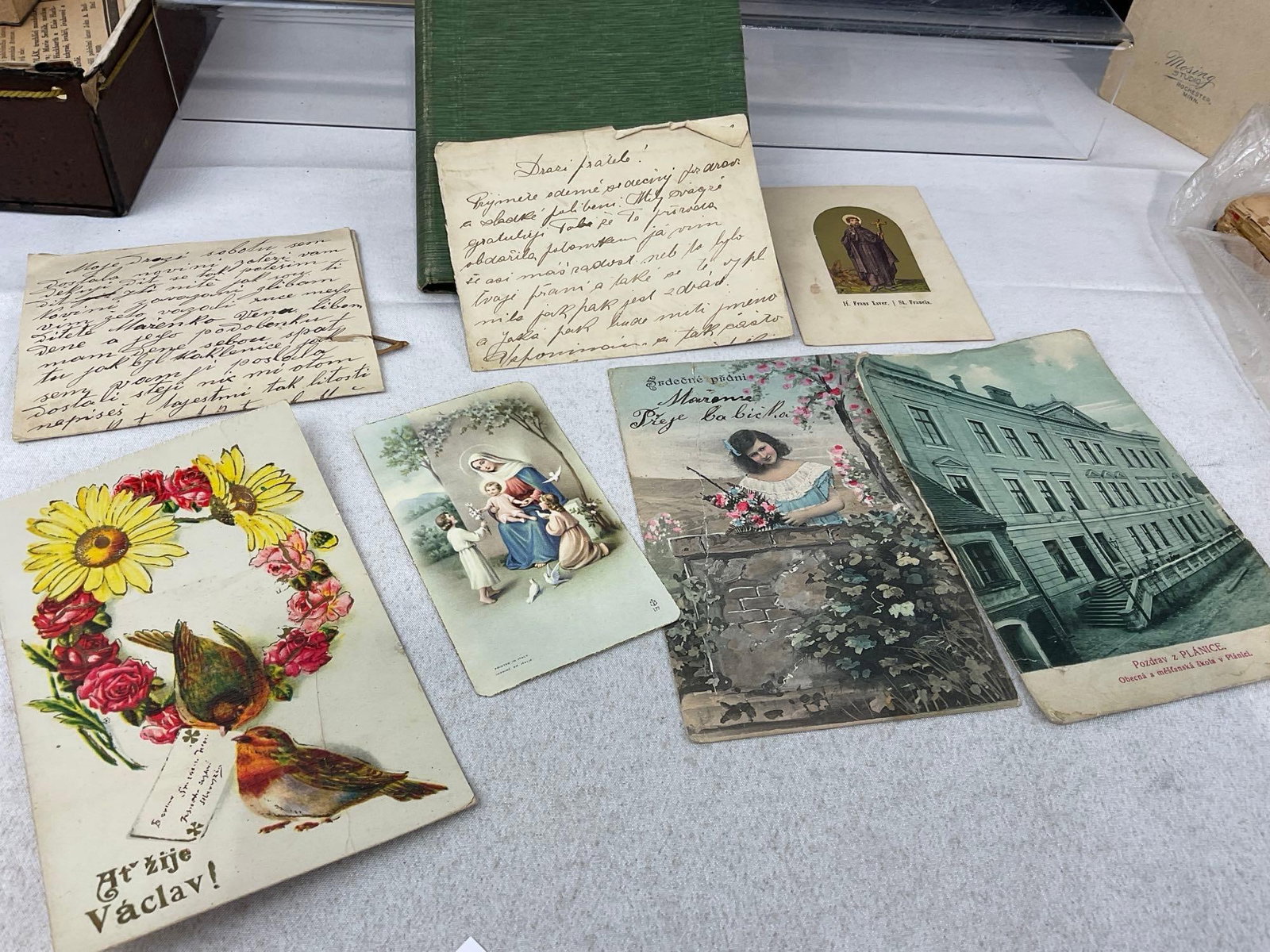 Vintage Marriage Photos, Antique Notebooks, Polish Cookbook, & pair of tin Stamps of a Couple - 5