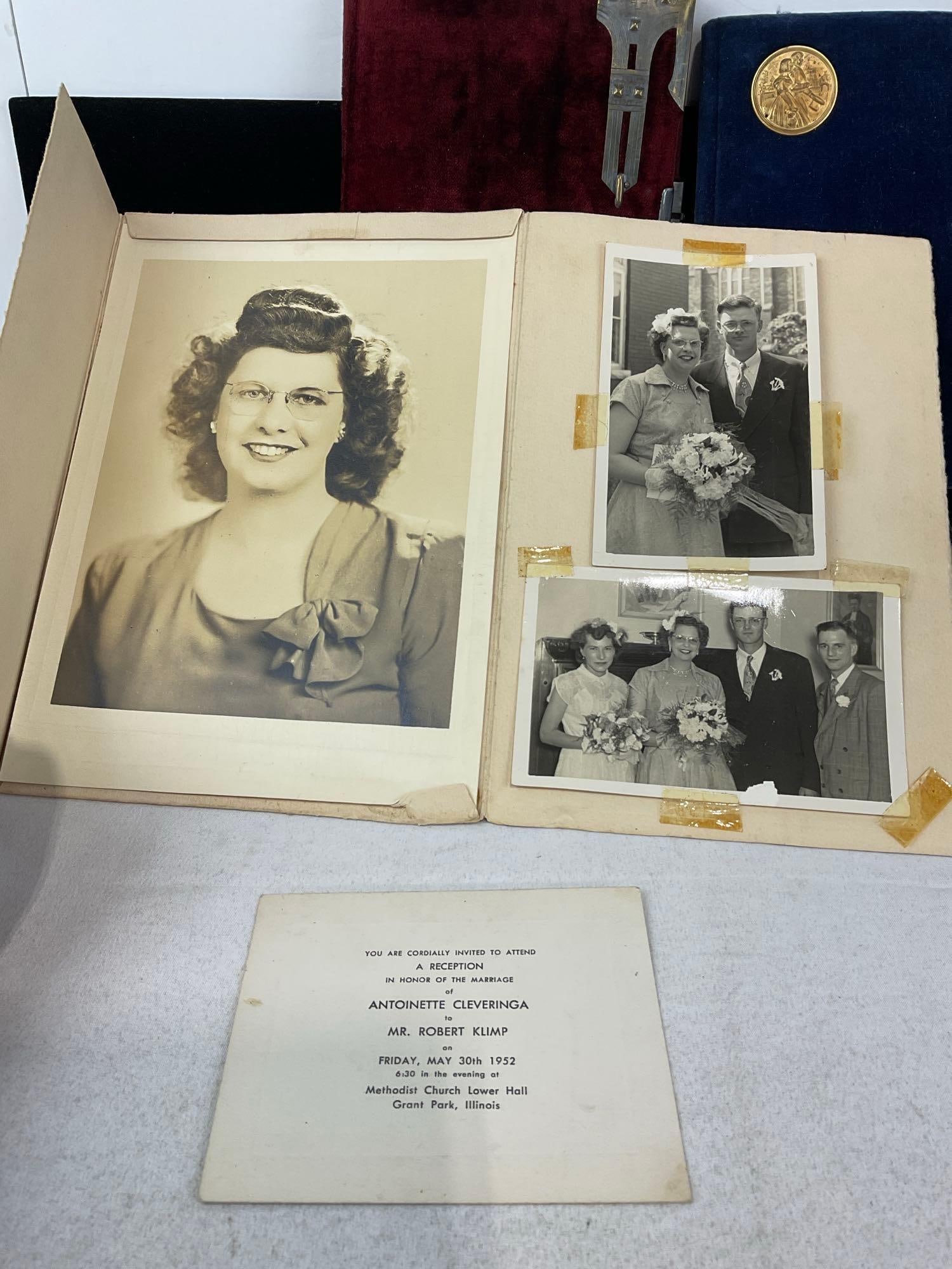 Vintage Marriage Photos, Antique Notebooks, Polish Cookbook, & pair of tin Stamps of a Couple - 9