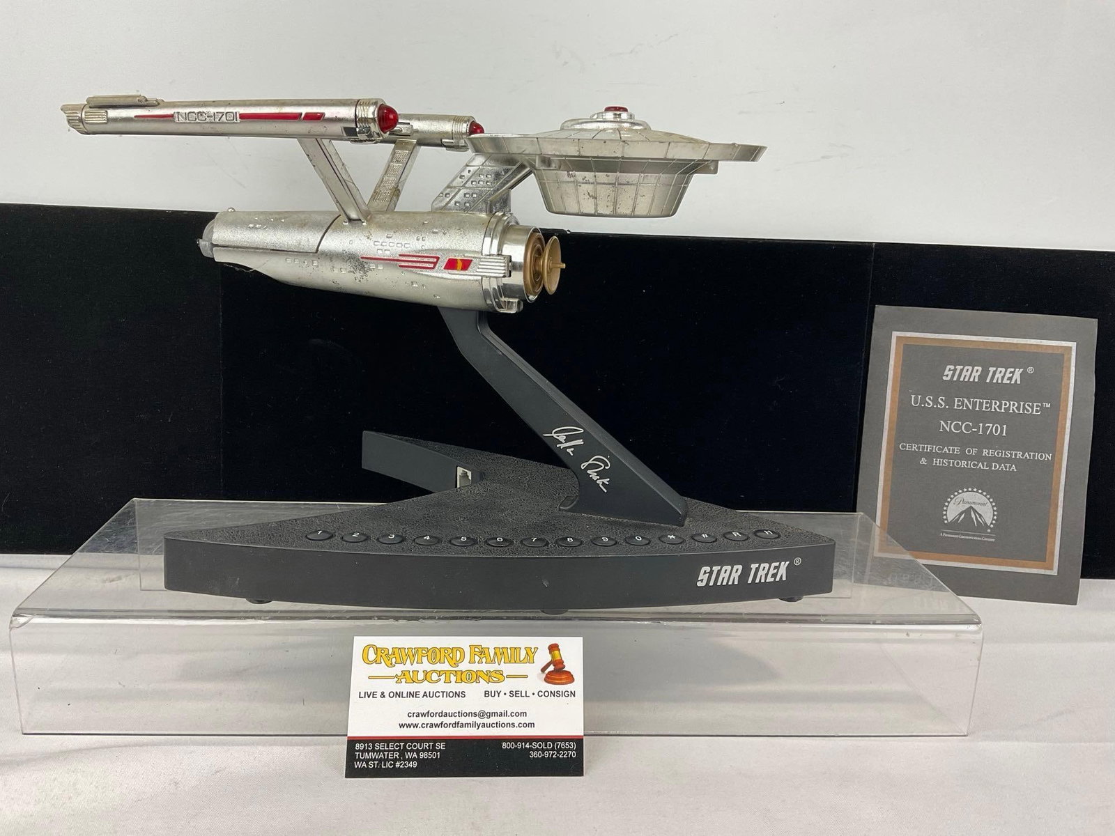 Star Trek USS Enterprise NCC-1701 Telephone, signed on the base, by Willam Shatner "Captian Kirk": Appears to be in good shape. The piece measures approx 9h x 13w x 7d inches. See pics. E-5940