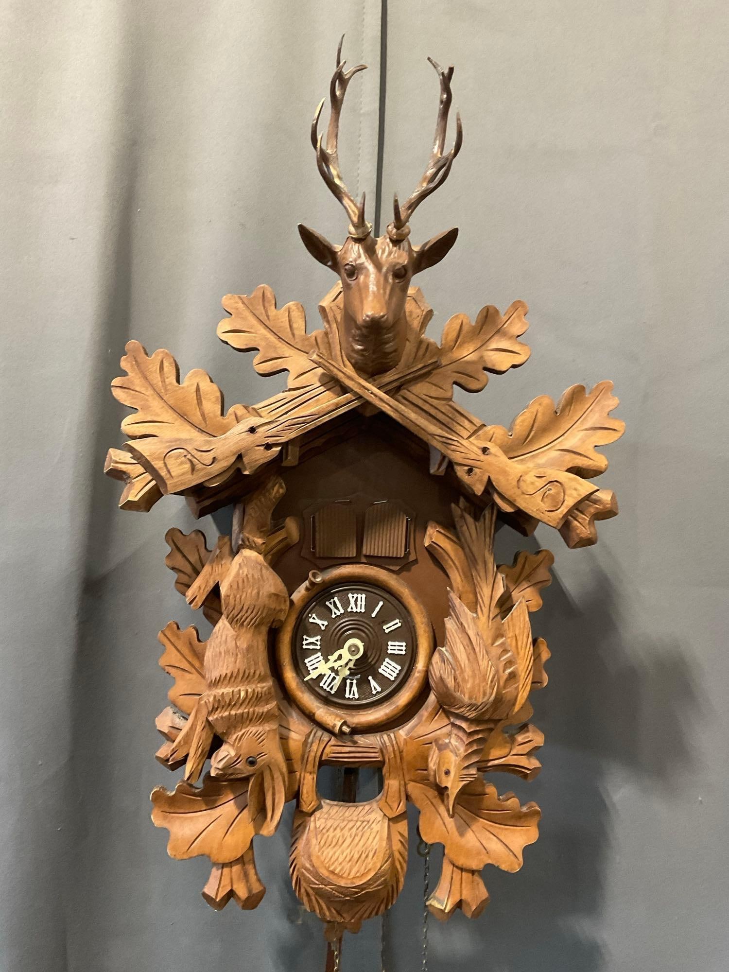 Vintage Bachmaier & Klemmer German Black Forest Cuckoo Clock, Hunting Theme, Stag Head, w/ wieghts (1 of 6)