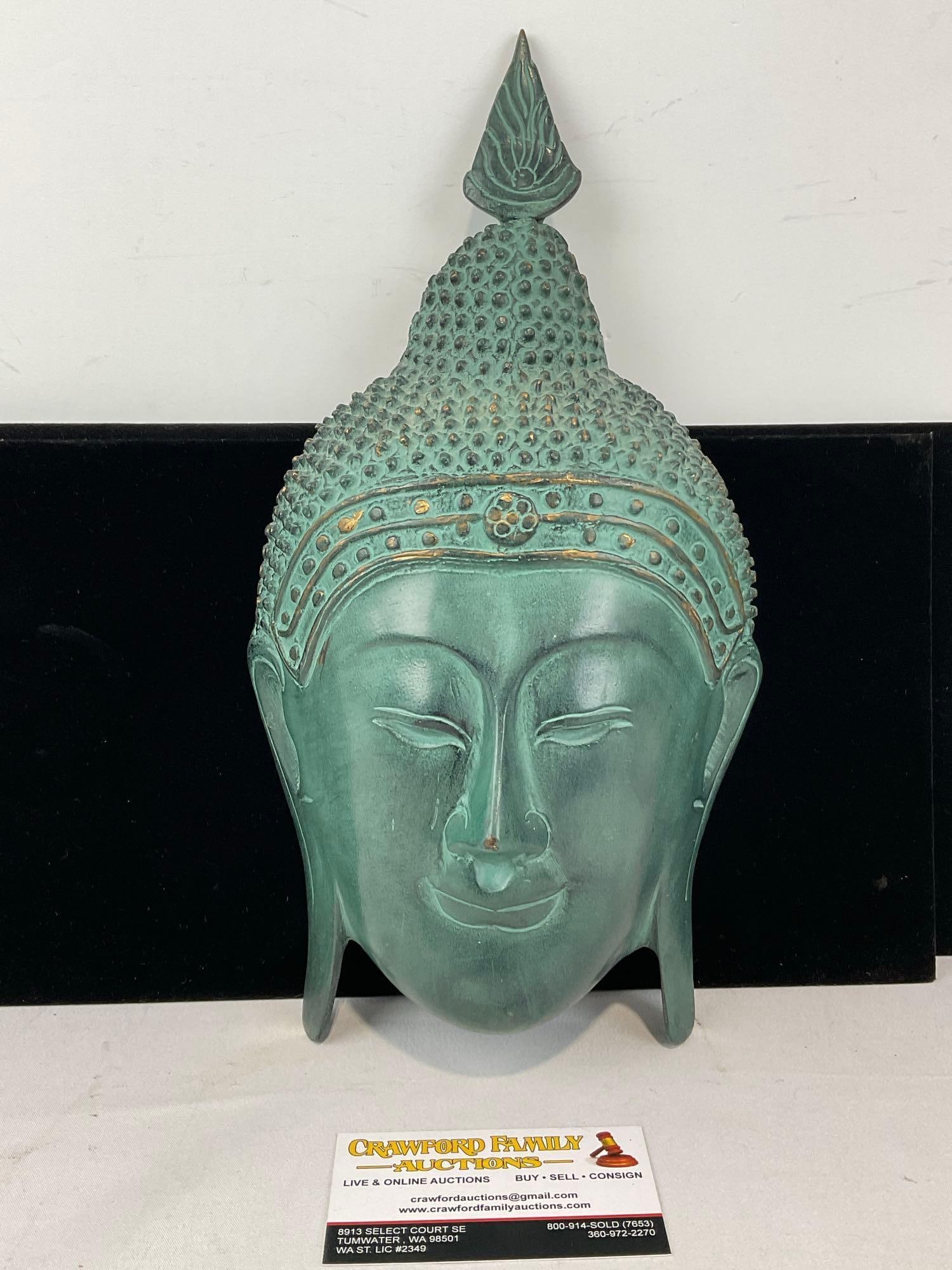 Wall Hanging Verdigris Patinated Cast Brass Buddha Mask, 14x8 inches: Appears to be in good shape. The piece measures approx 14h x 8w x 4d inches. See pics. E-6080