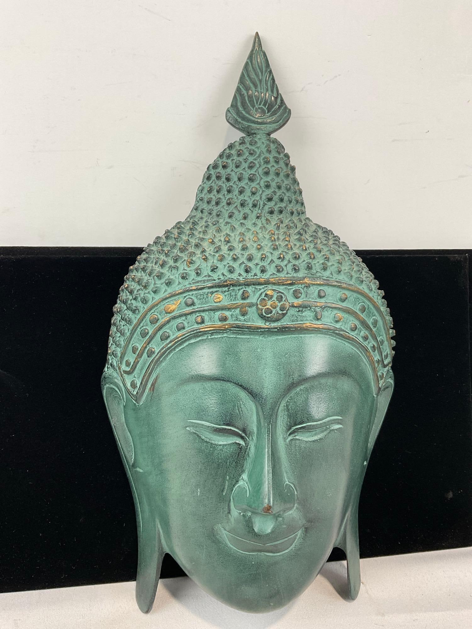 Wall Hanging Verdigris Patinated Cast Brass Buddha Mask, 14x8 inches - 2