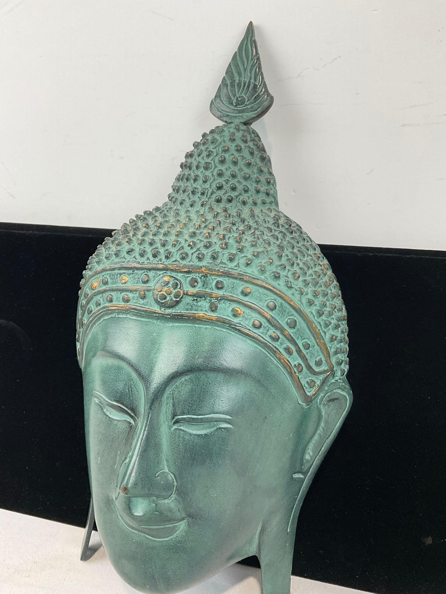 Wall Hanging Verdigris Patinated Cast Brass Buddha Mask, 14x8 inches - 3