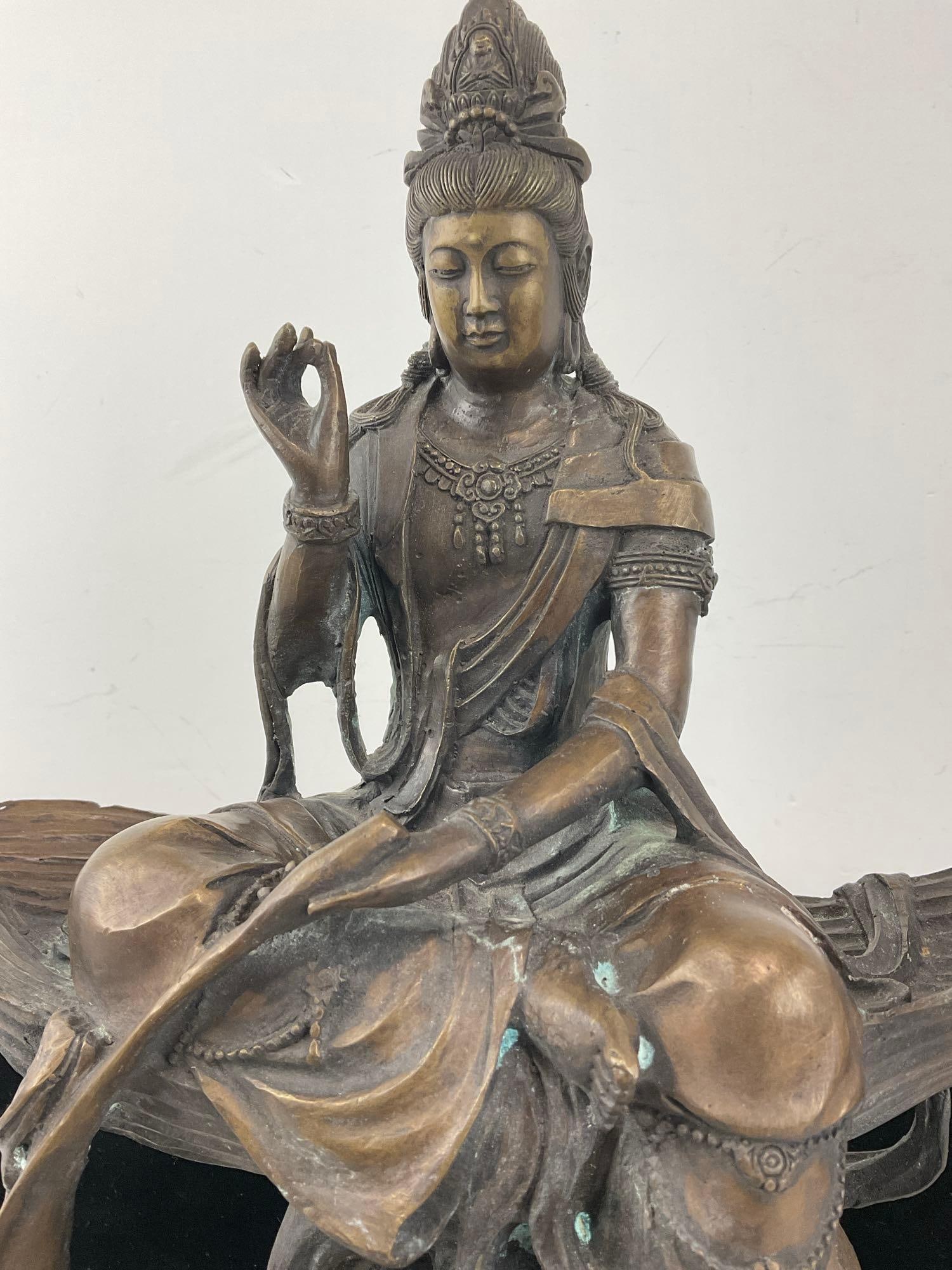 Cast Bronze Sculpture Bodhisattva Guanyin figure on Leaf, 17h x 13w x 7d inches - 2