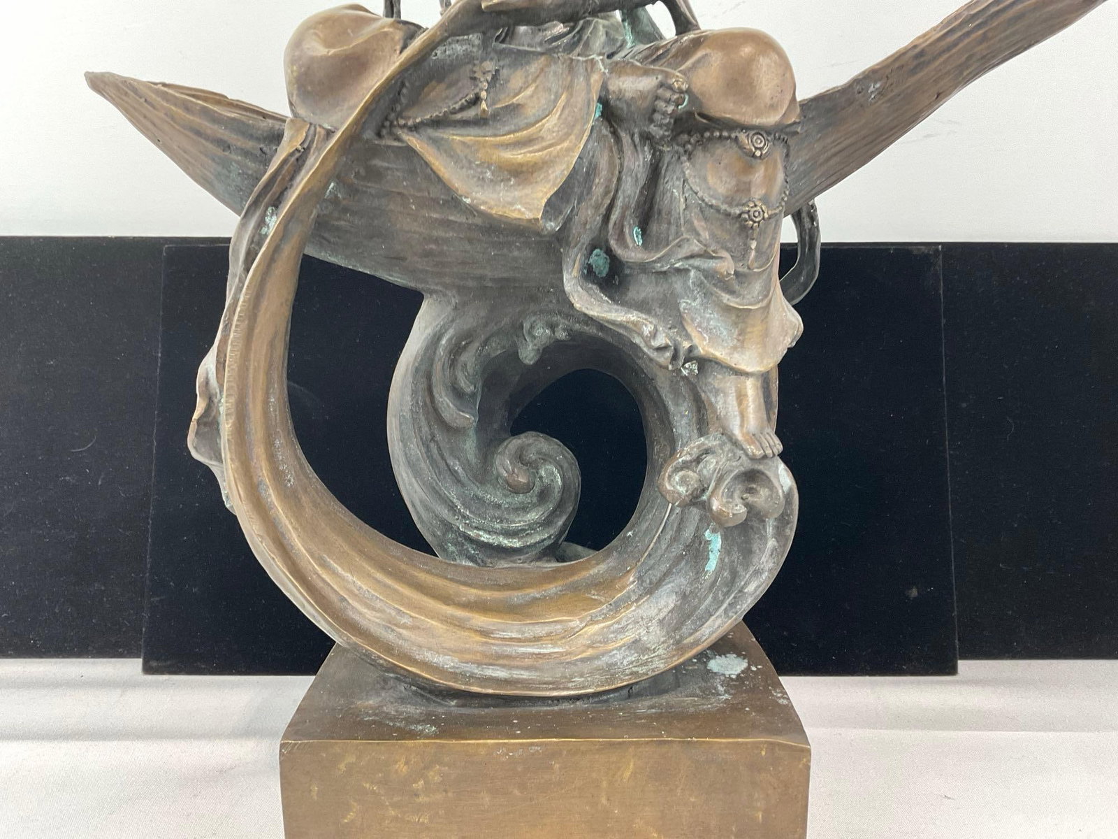 Cast Bronze Sculpture Bodhisattva Guanyin figure on Leaf, 17h x 13w x 7d inches - 3