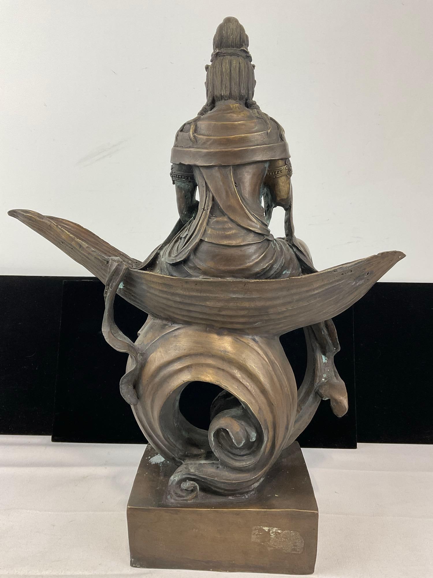 Cast Bronze Sculpture Bodhisattva Guanyin figure on Leaf, 17h x 13w x 7d inches - 4
