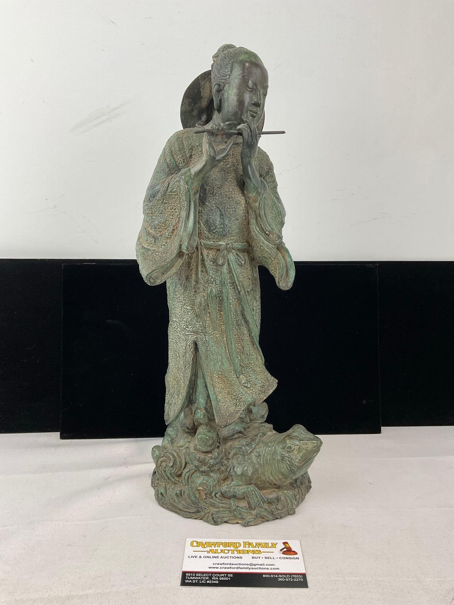 Vintage Chinese Cast Bronze Statue, Man Standing on a Turtle, 17h x 8w x 7d inches: Appears to be in good shape. The piece measures approx 17h x 8w x 7d inches. See pics. E-6080