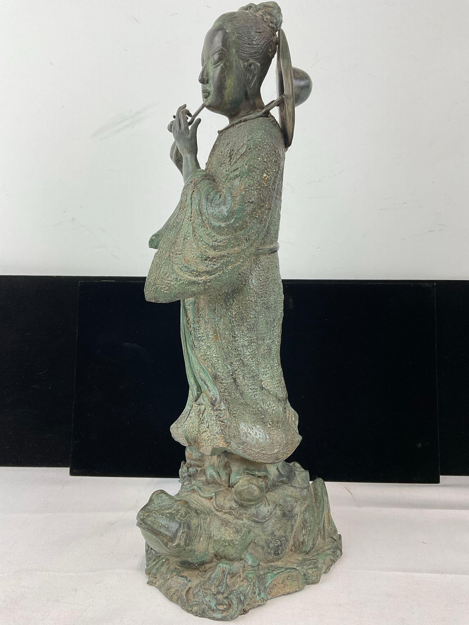 Vintage Chinese Cast Bronze Statue, Man Standing on a Turtle, 17h x 8w x 7d inches - 4