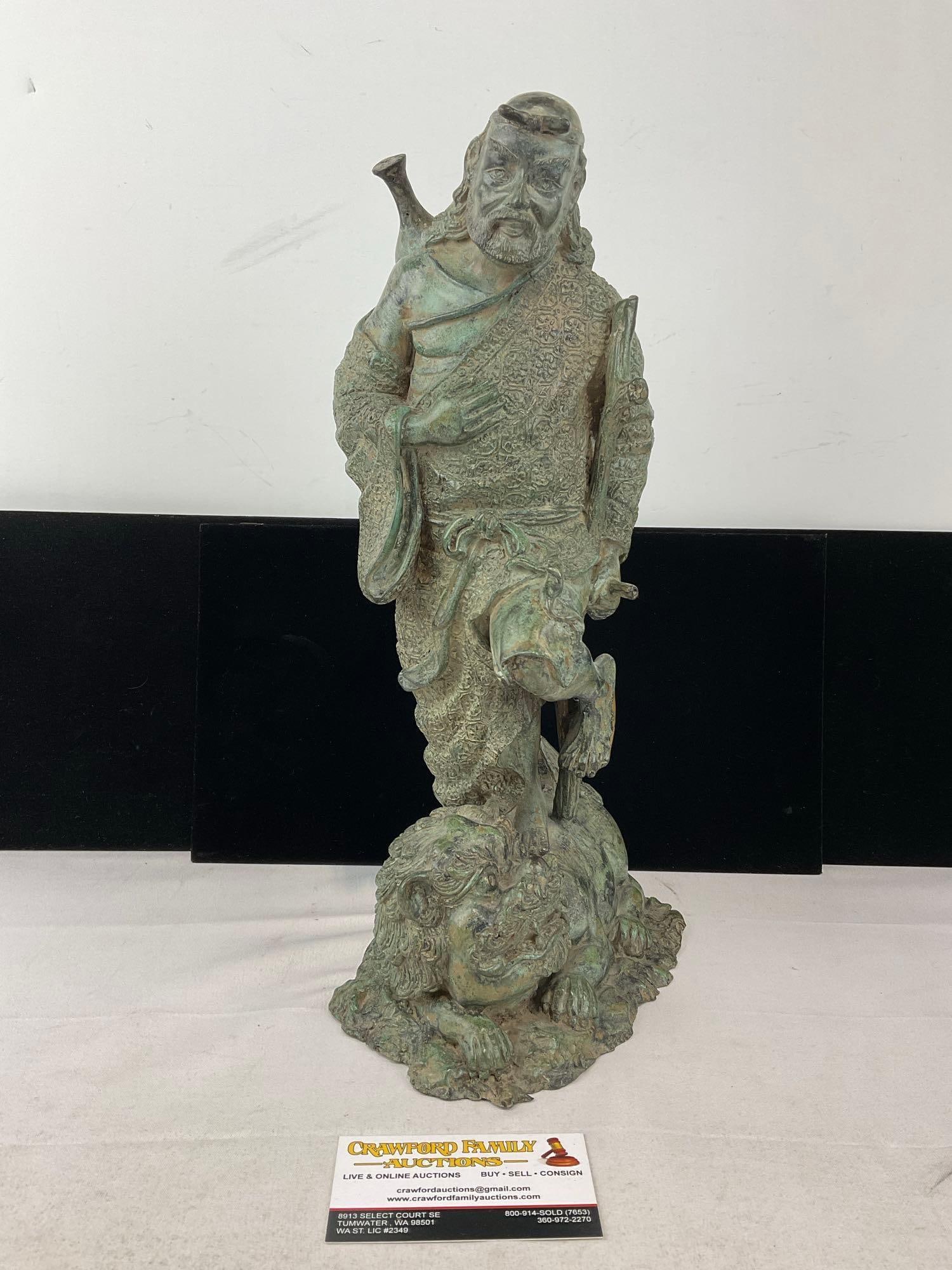 Chinese Cast Bronze Statue, Verdigris Patinated, Man w/Crutch, 16h x 9w x 7d inches: Appears to be in good shape. The piece measures approx 16h x 9w x 7d inches. See pics. E-6080