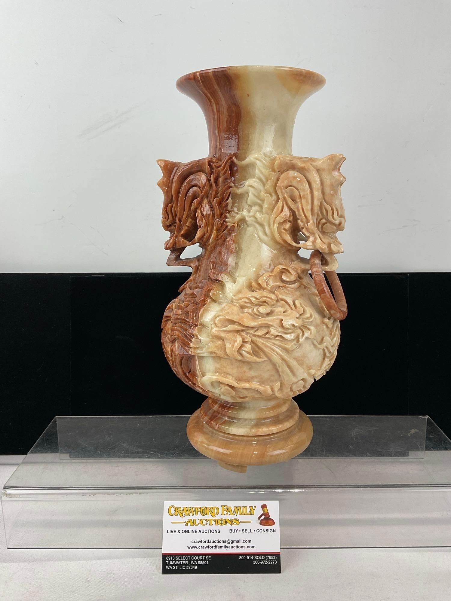 Handcarved Rojo Coralito Marble Dragon Vase, Intricate design, w/small stand, 12 inches tall: Matching to the next lot. Appears to be in good shape, the ring looks like it has been repaired. The pieces fit in a box that measures 13h x 7w x 7d inches. See pics. E-6080