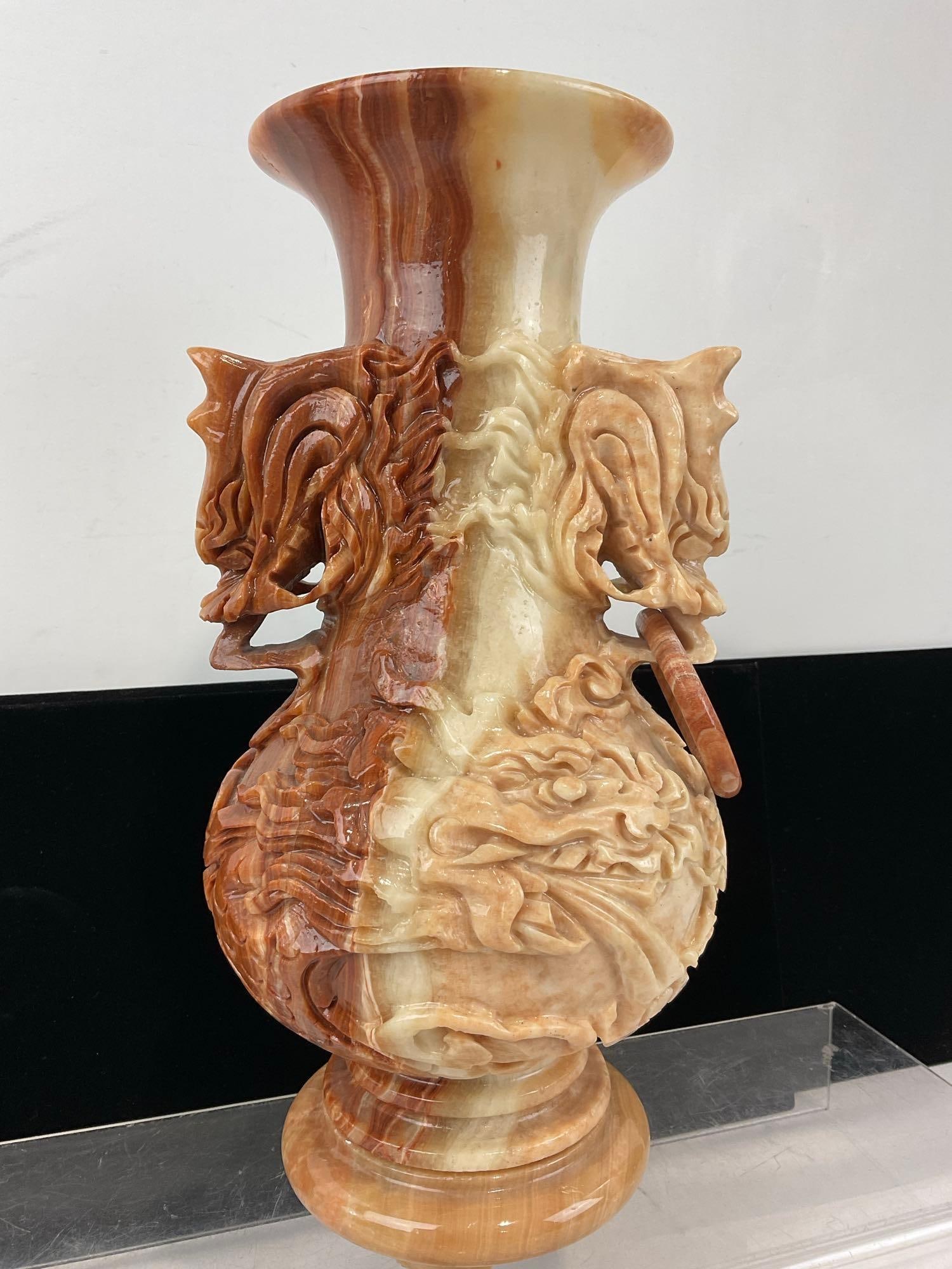 Handcarved Rojo Coralito Marble Dragon Vase, Intricate design, w/small stand, 12 inches tall - 2