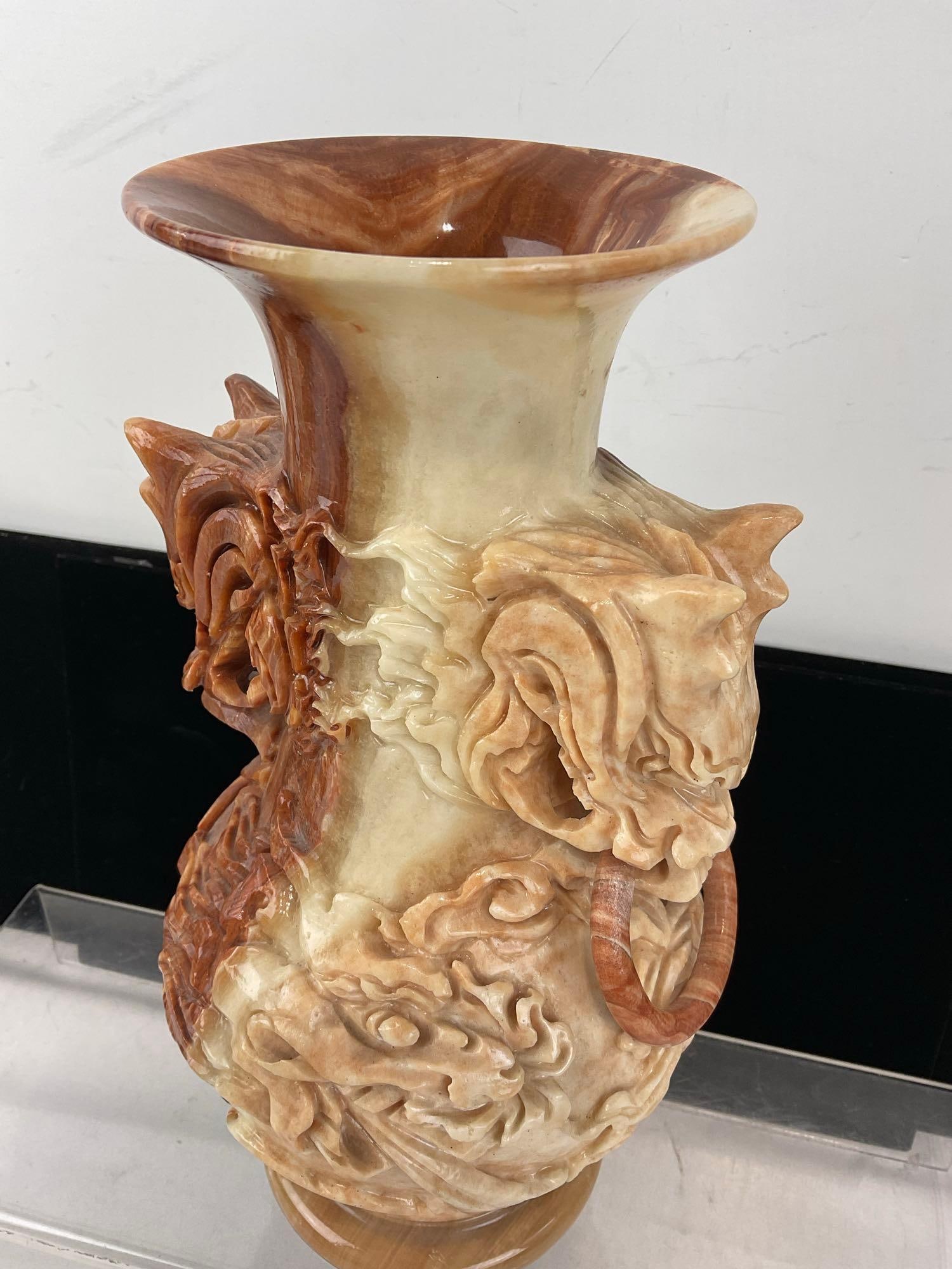 Handcarved Rojo Coralito Marble Dragon Vase, Intricate design, w/small stand, 12 inches tall - 3