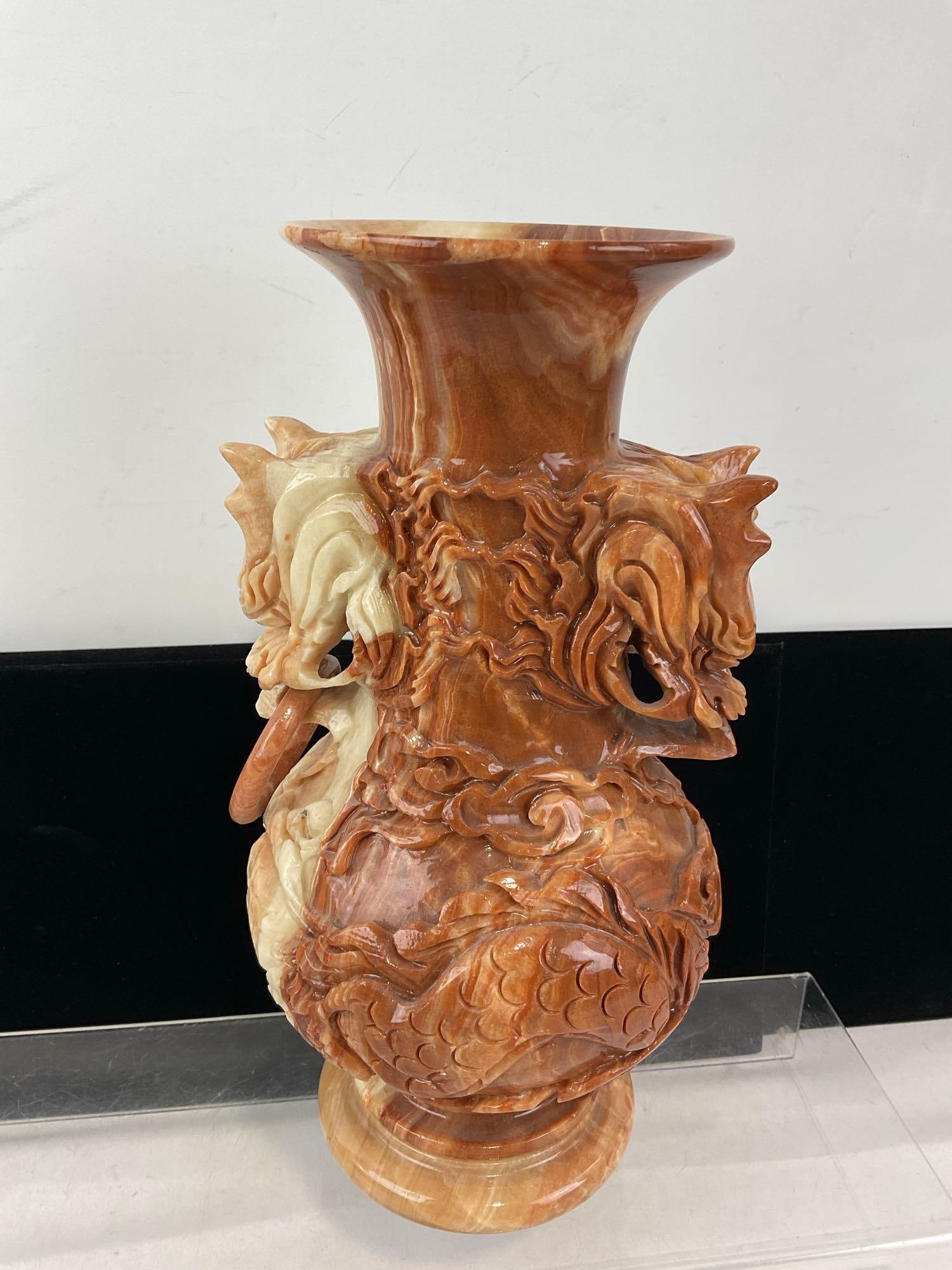 Handcarved Rojo Coralito Marble Dragon Vase, Intricate design, w/small stand, 12 inches tall - 4