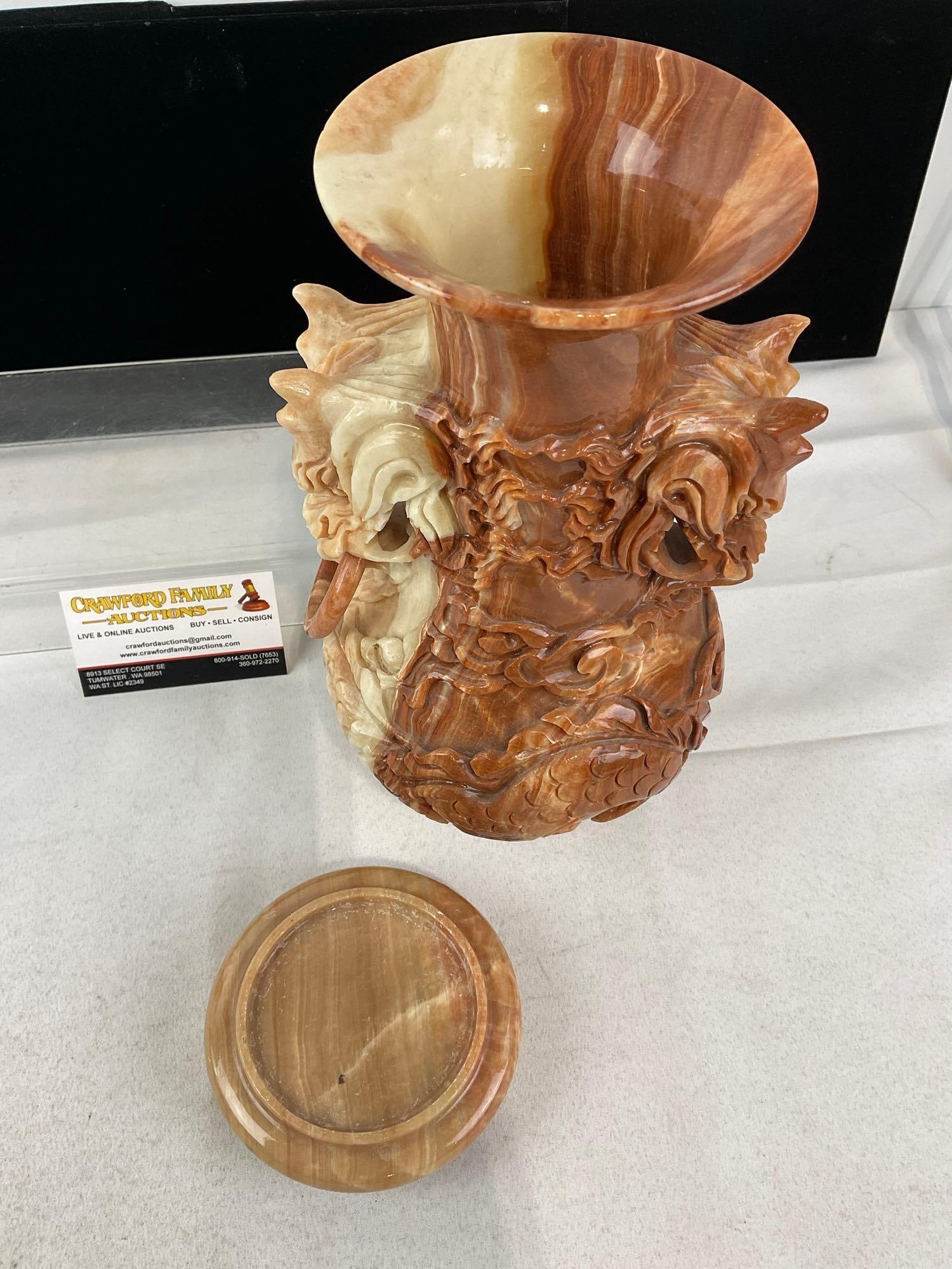 Handcarved Rojo Coralito Marble Dragon Vase, Intricate design, w/small stand, 12 inches tall - 5