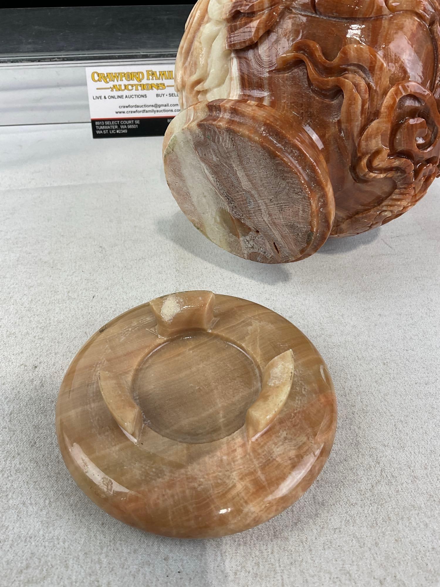 Handcarved Rojo Coralito Marble Dragon Vase, Intricate design, w/small stand, 12 inches tall - 6