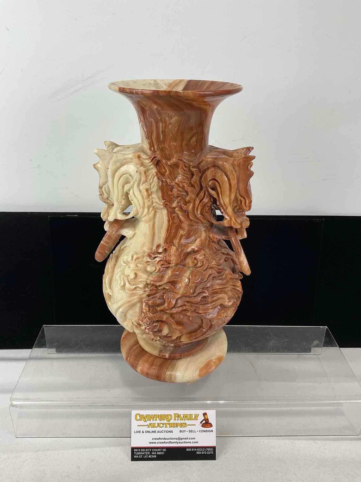 Handcarved Rojo Coralito Marble Dragon Vase, Intricate design, w/small stand, 12 inches tall: Matching to the last lot. Appears to be in good shape, the rings looks like they have been repaired. The pieces fit in a box that measures 13h x 7w x 7d inches. See pics. E-6080