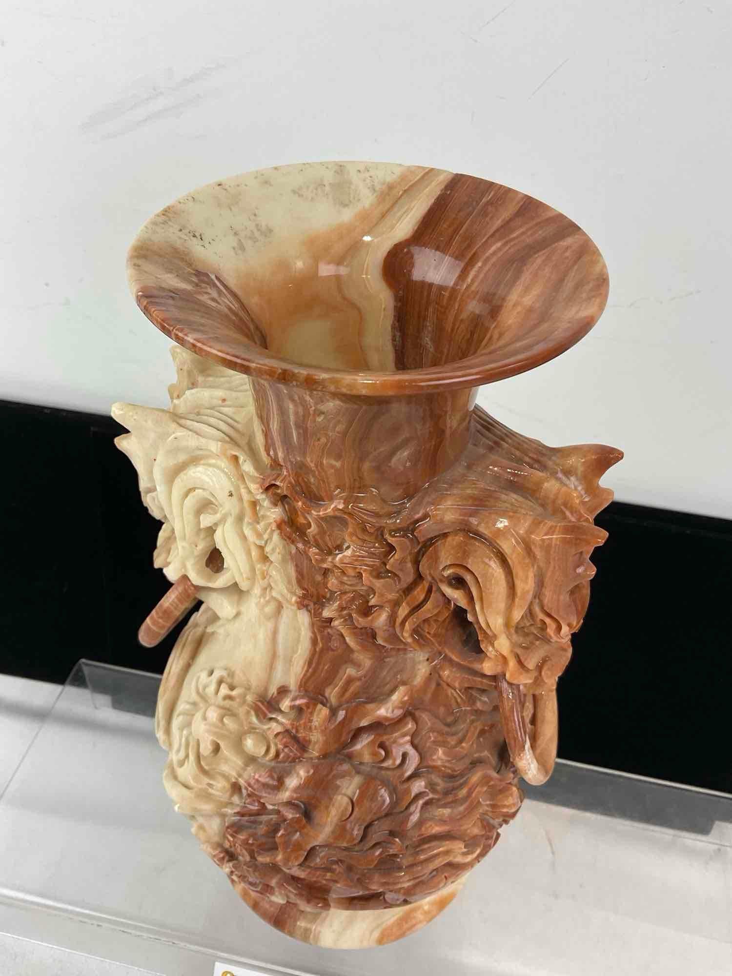 Handcarved Rojo Coralito Marble Dragon Vase, Intricate design, w/small stand, 12 inches tall - 2